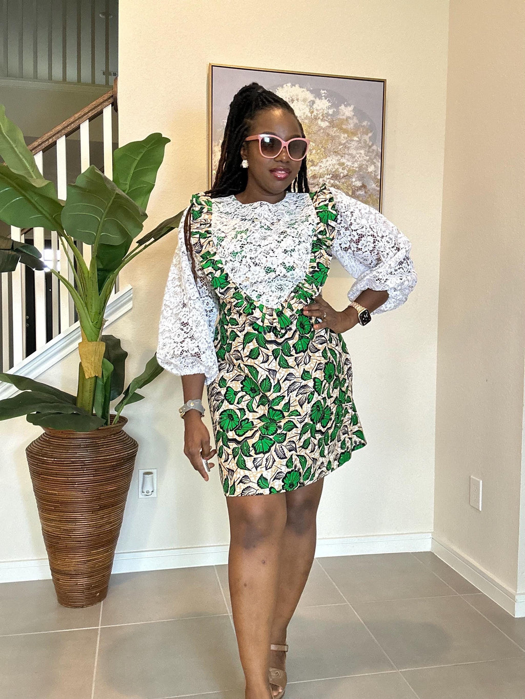 Short Ankara Dress with White Lace: African Print Cotton A-Line