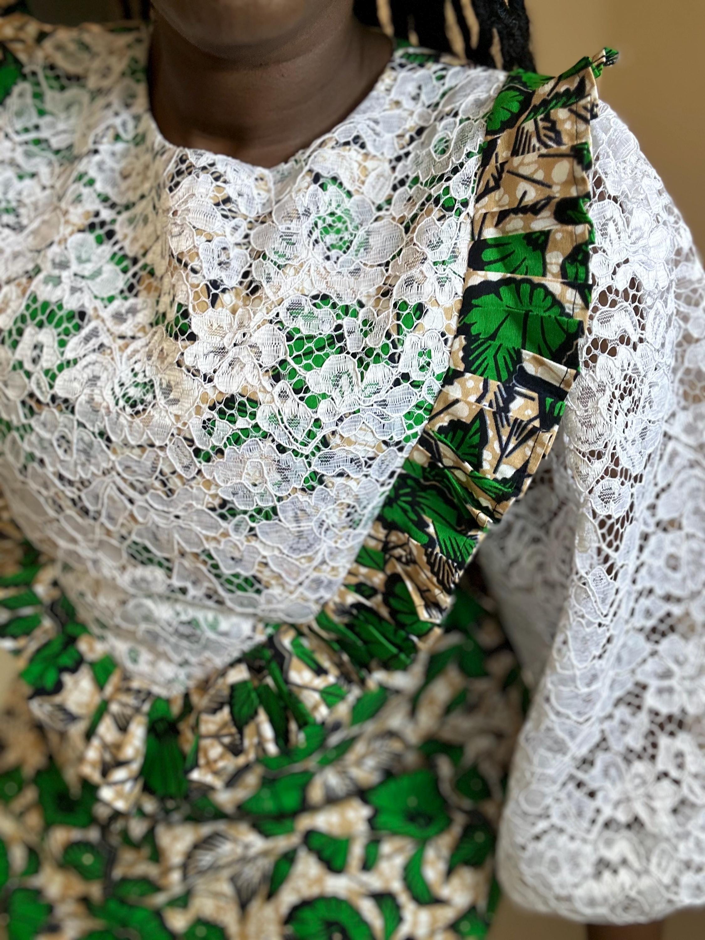 Short Ankara Dress with White Lace: African Print Cotton A-Line