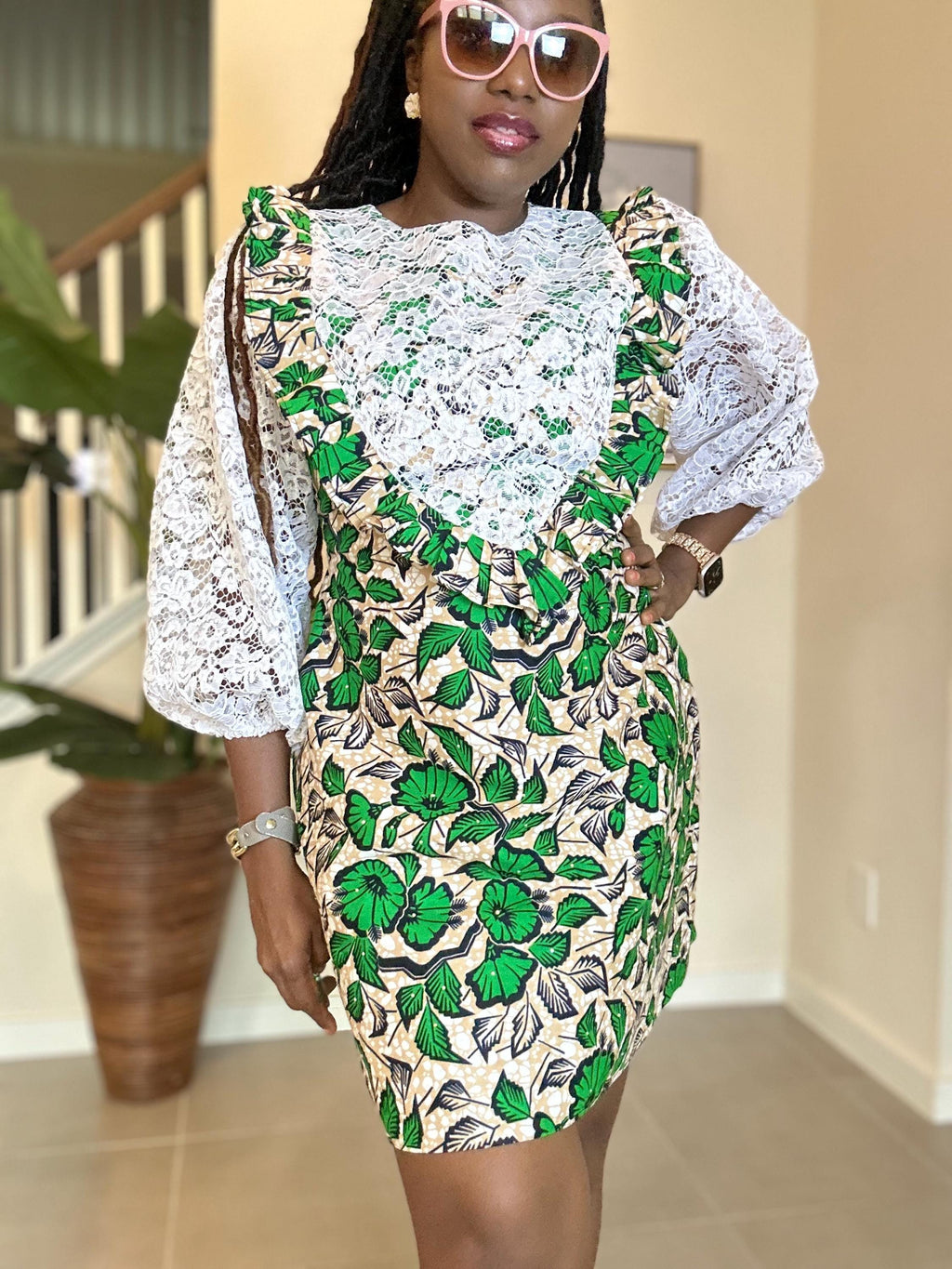 Short Ankara Dress with White Lace: African Print Cotton A-Line