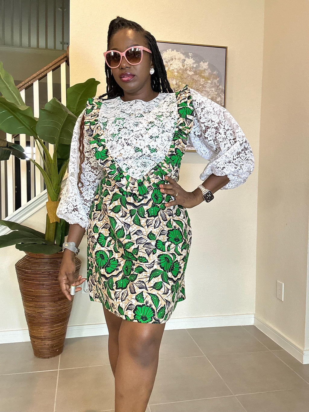 Short Ankara Dress with White Lace: African Print Cotton A-Line