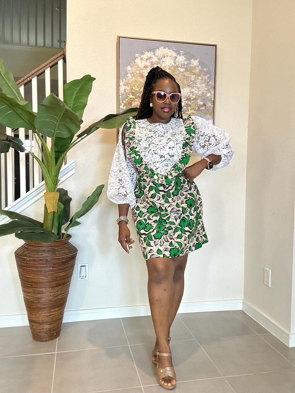 Short Ankara Dress with White Lace: African Print Cotton A-Line