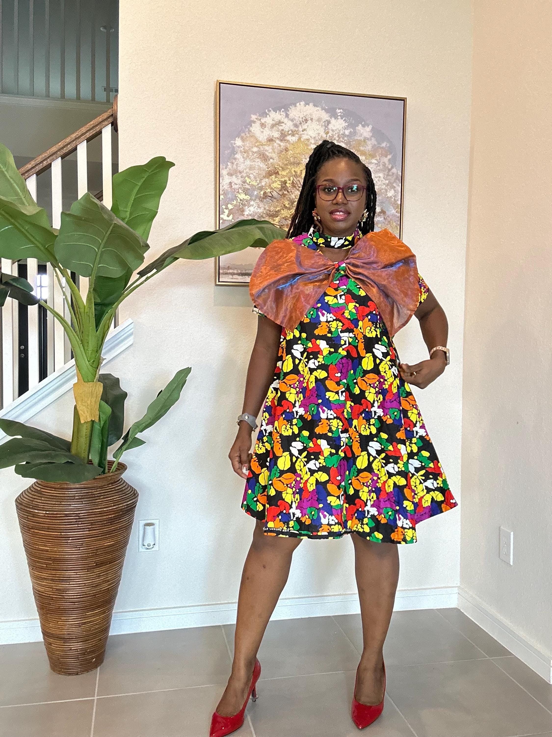Handmade Ankara A-Line Dress: Copper Bow, African Print Outfit