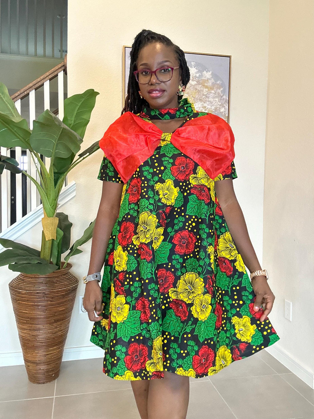 Handmade Ankara Short Dress: Red Bow, African Print Party Outfit