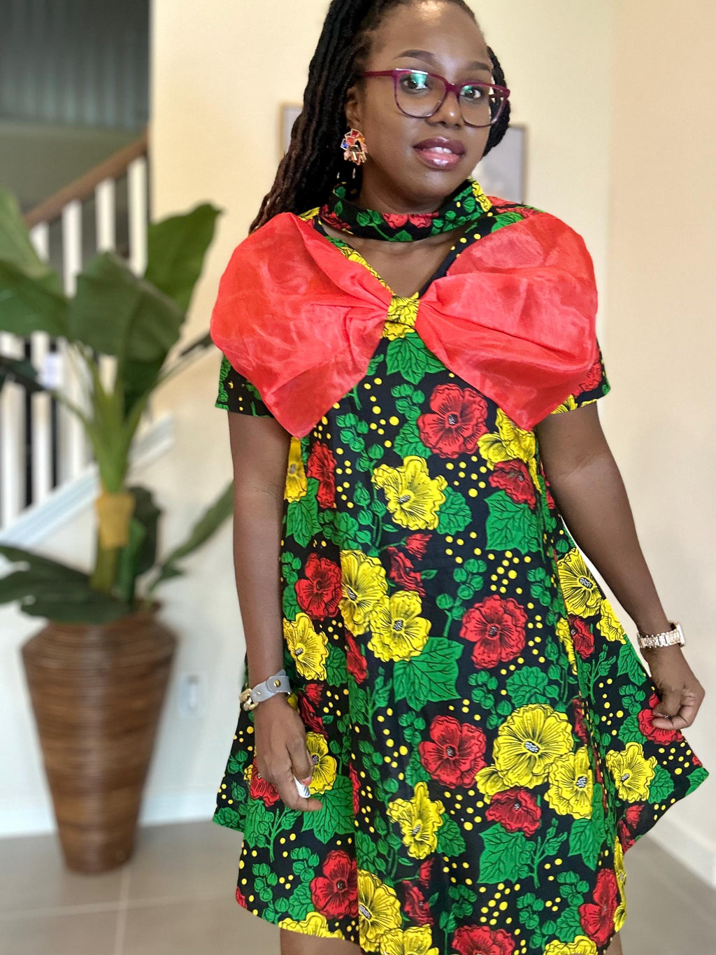 Handmade Ankara Short Dress: Red Bow, African Print Party Outfit
