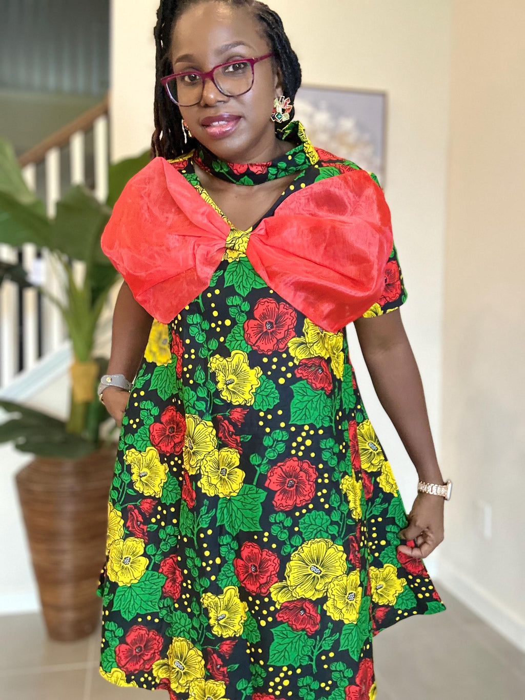 Handmade Ankara Short Dress: Red Bow, African Print Party Outfit