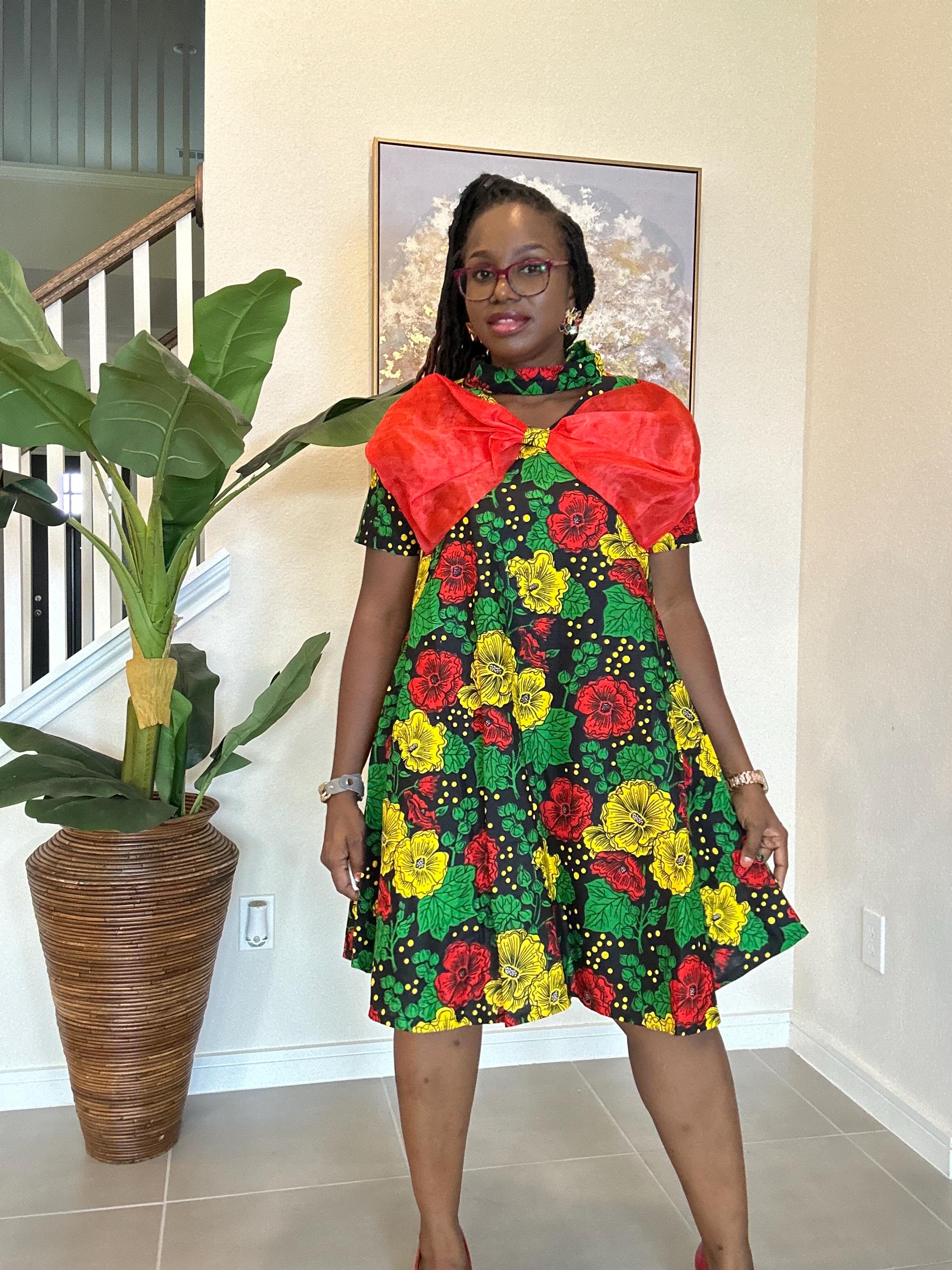 Handmade Ankara Short Dress: Red Bow, African Print Party Outfit