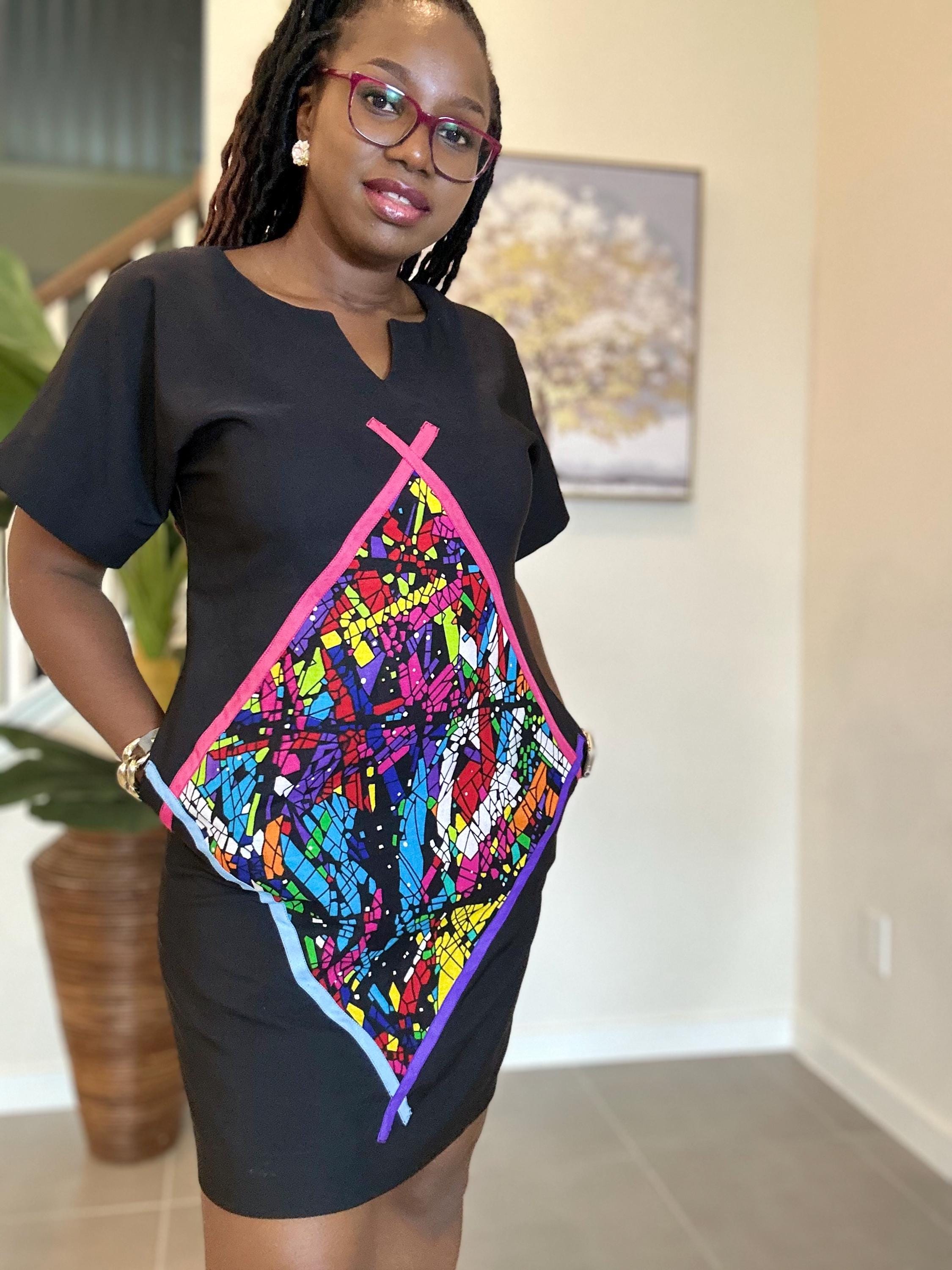 Crepe Shift Dress with Ankara Patch - African Clothing