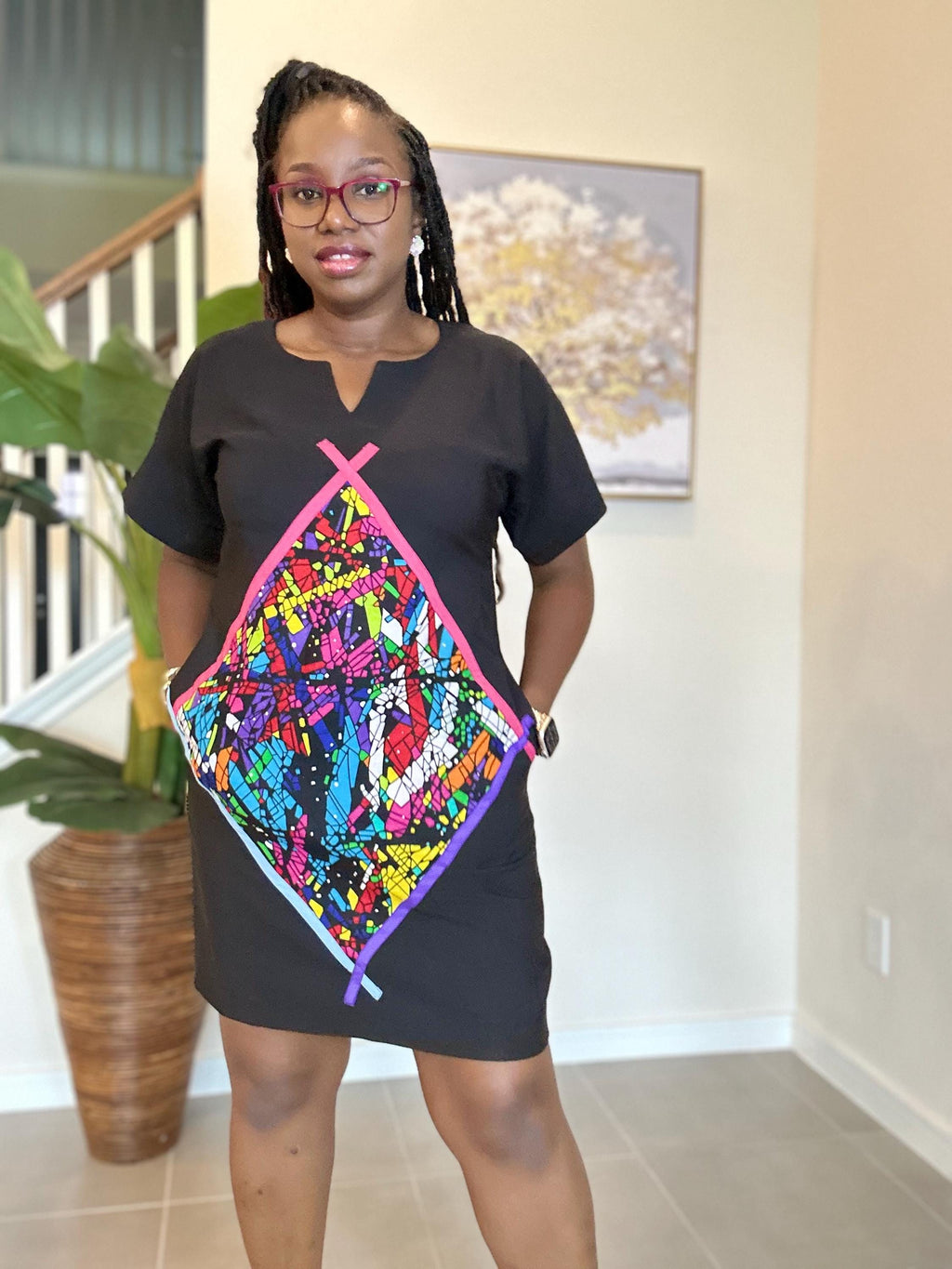 Crepe Shift Dress with Ankara Patch - African Clothing