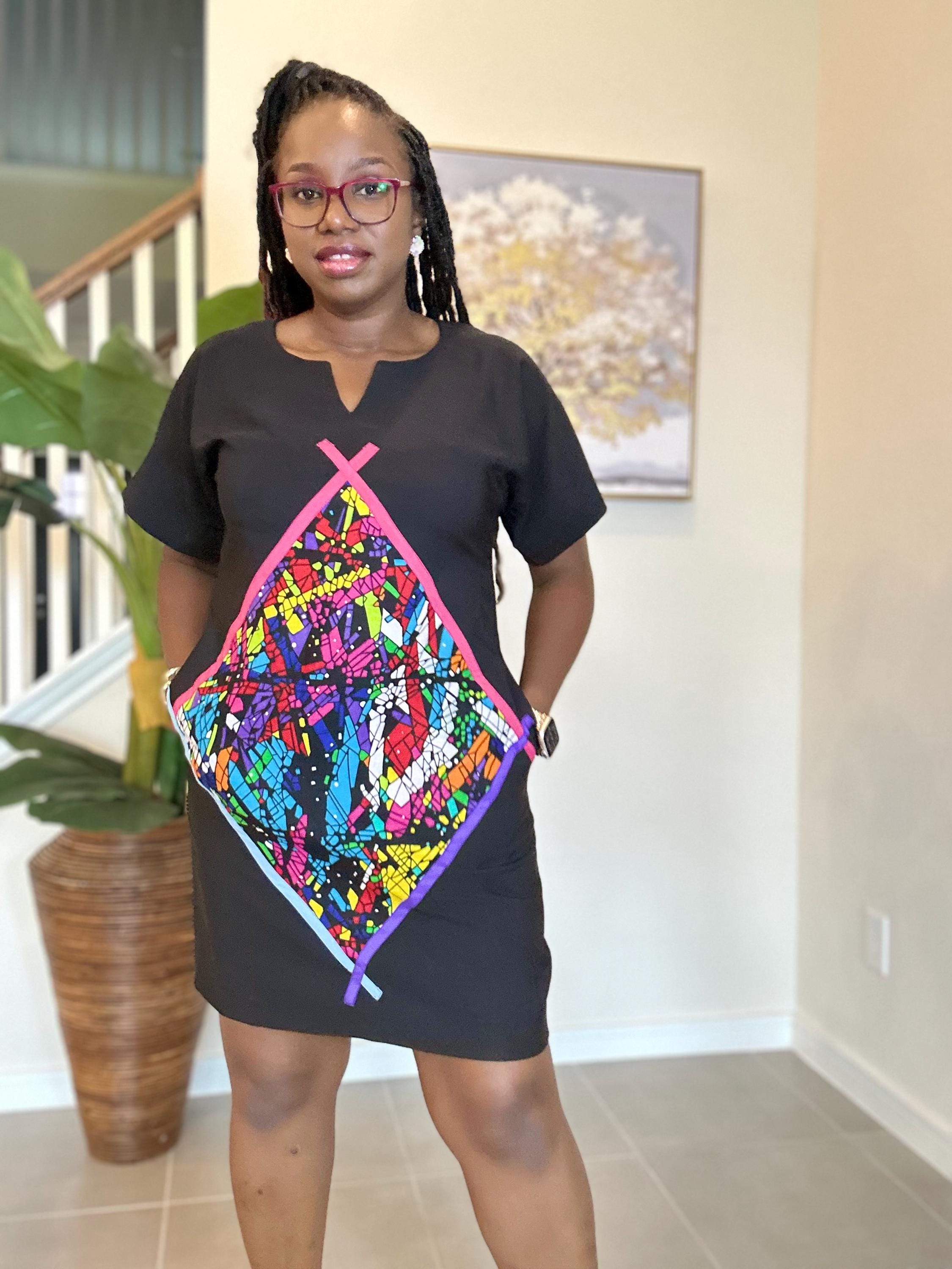 Crepe Shift Dress with Ankara Patch - African Clothing