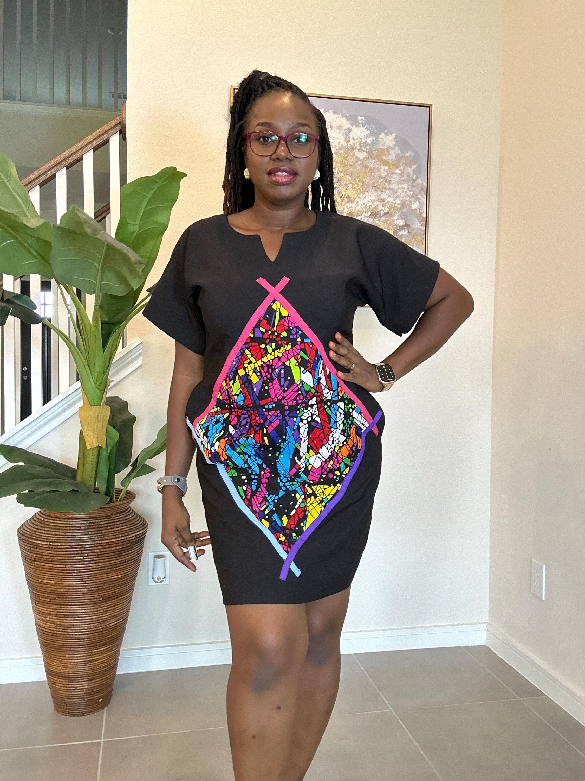 Crepe Shift Dress with Ankara Patch - African Clothing