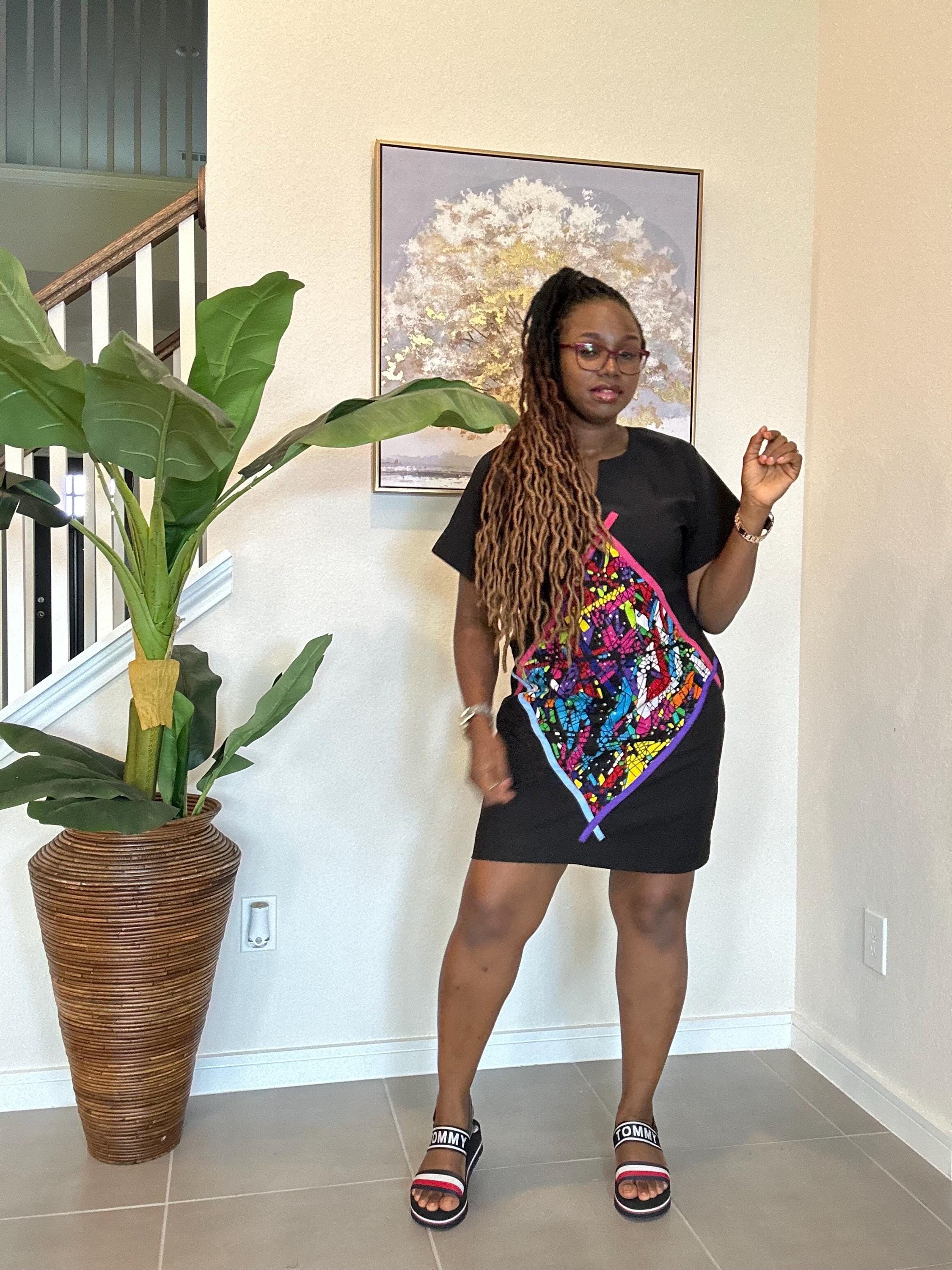 Crepe Shift Dress with Ankara Patch - African Clothing
