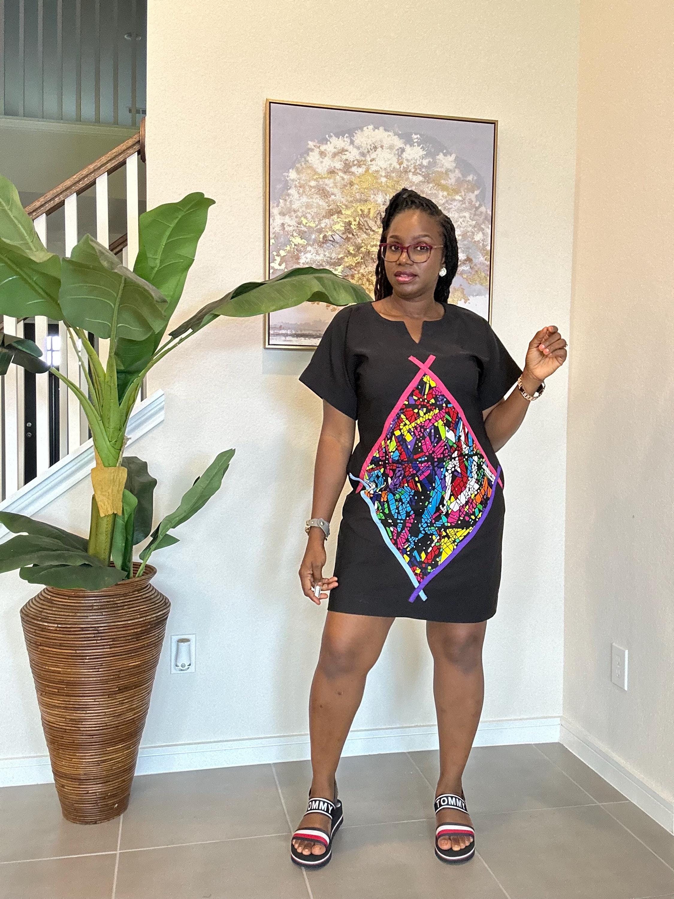 Crepe Shift Dress with Ankara Patch - African Clothing