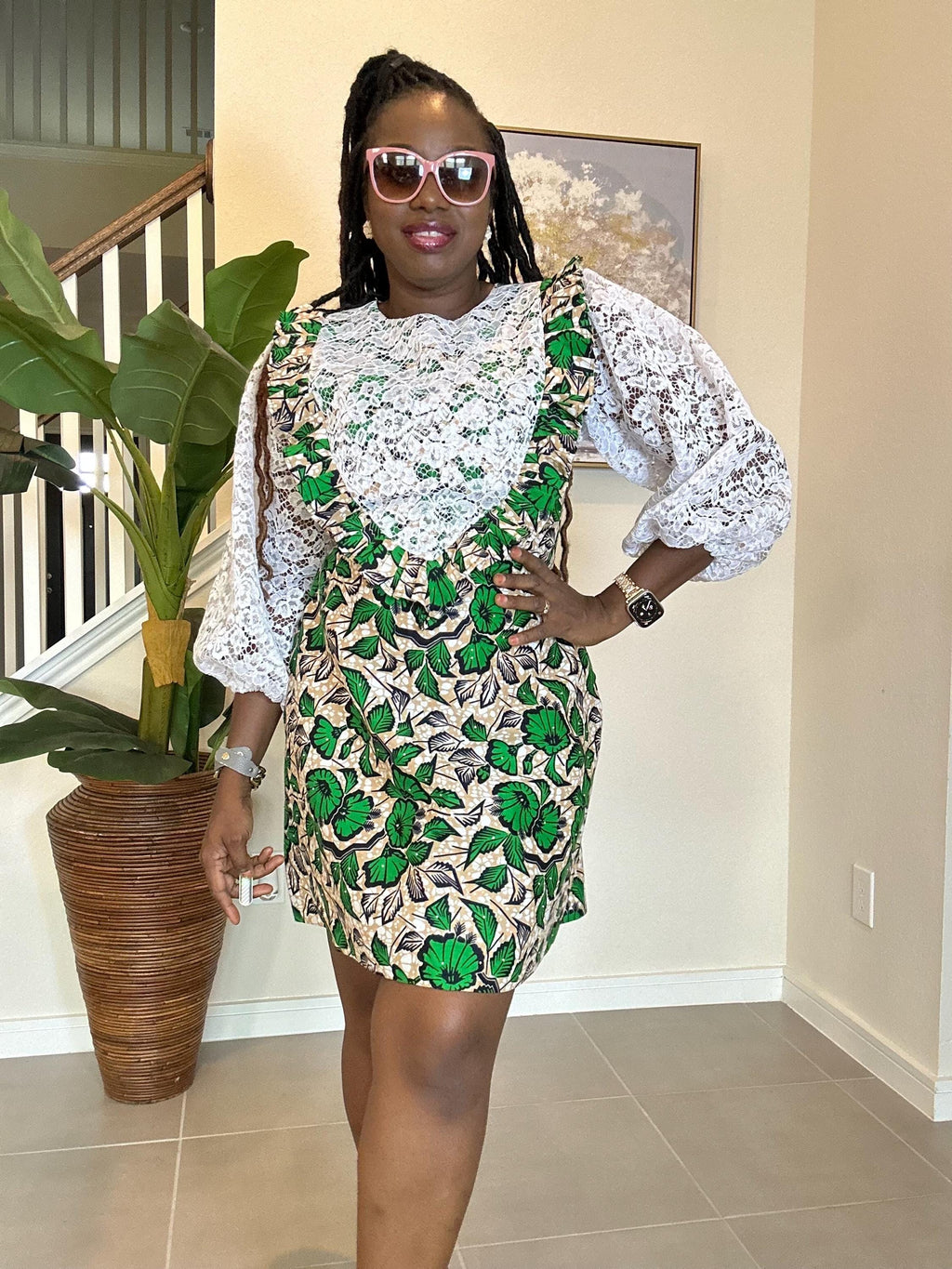 Short Ankara Dress with White Lace: African Print Cotton A-Line