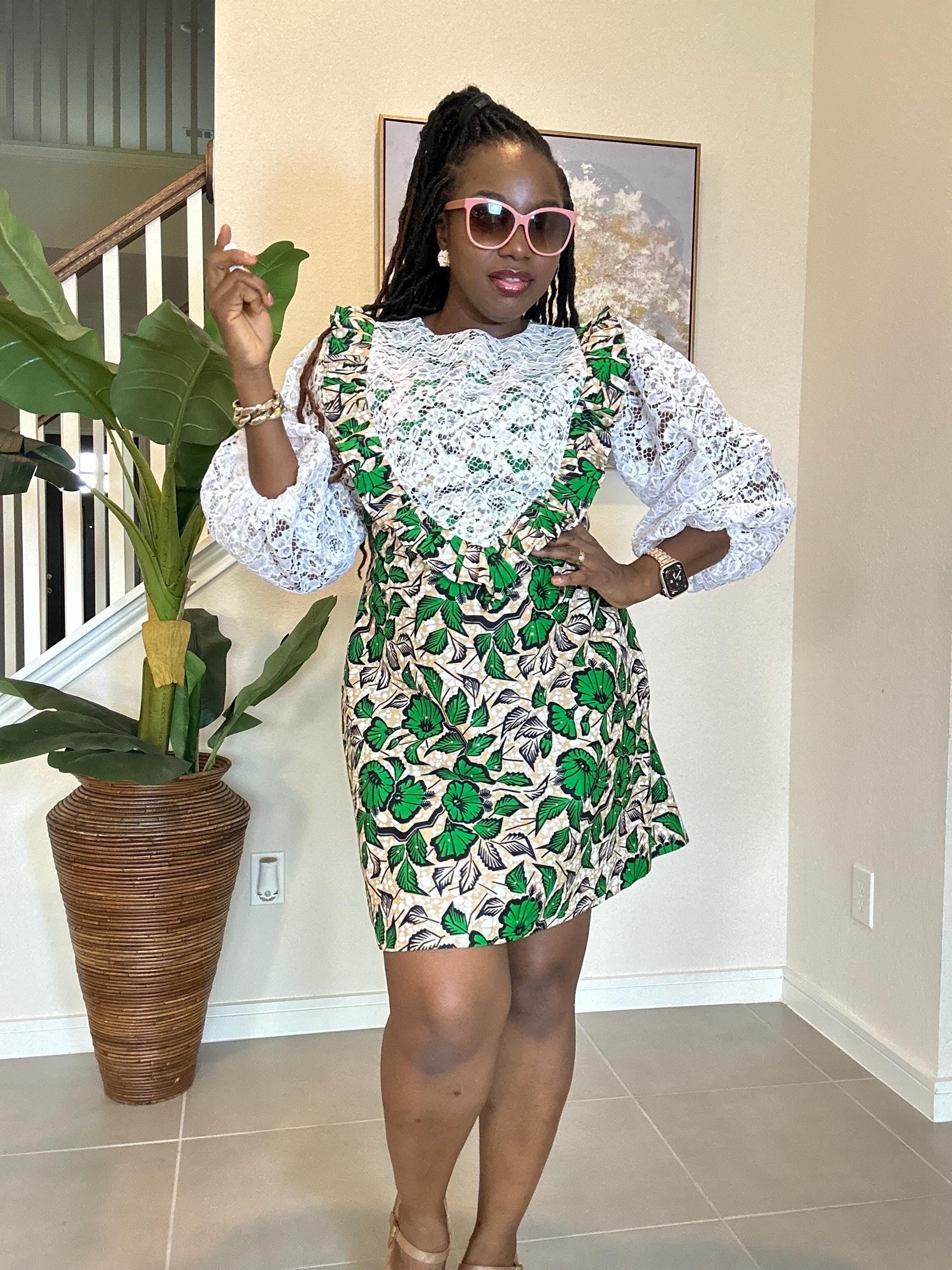 Short Ankara Dress with White Lace: African Print Cotton A-Line