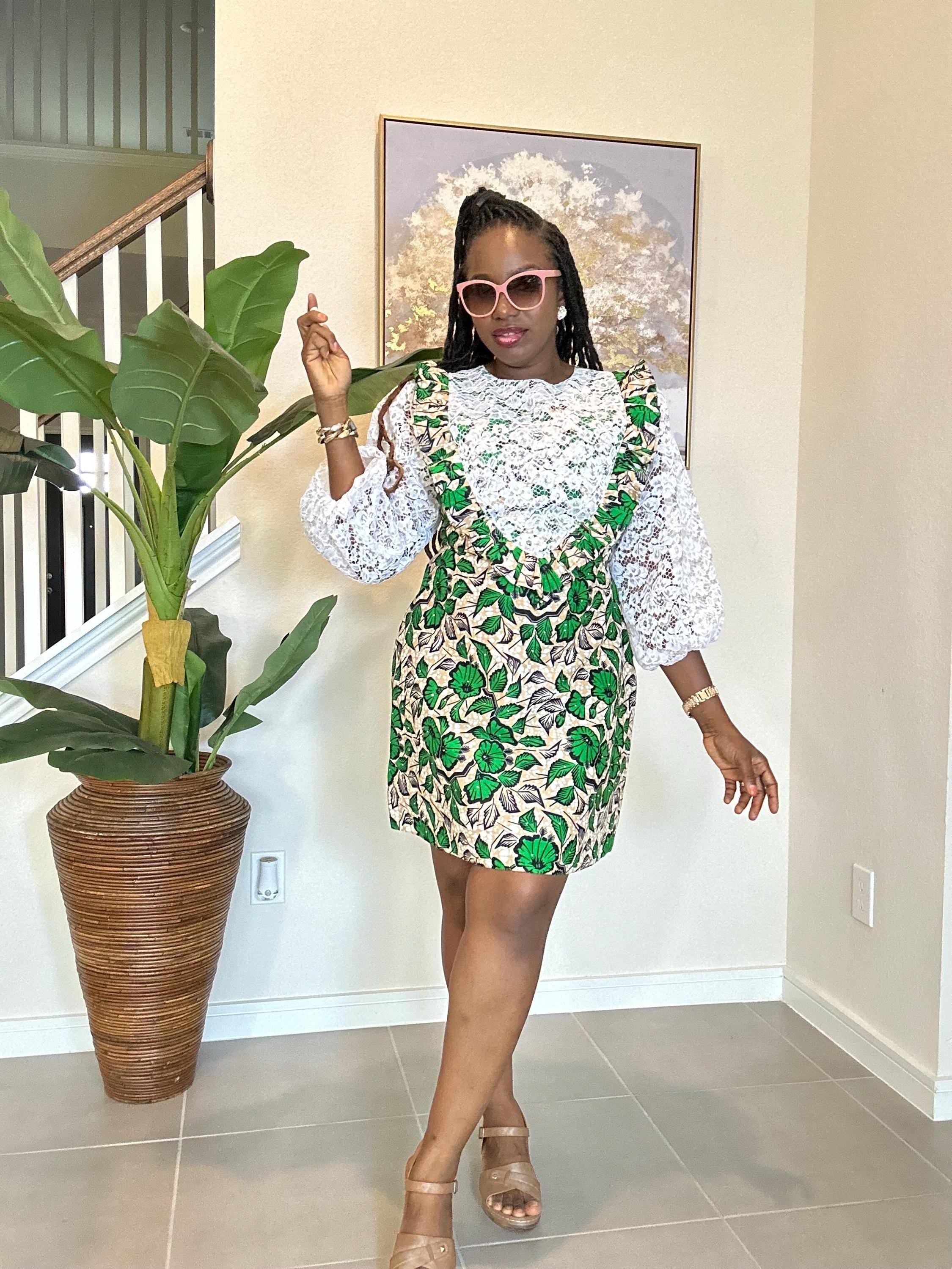 Short Ankara Dress with White Lace: African Print Cotton A-Line