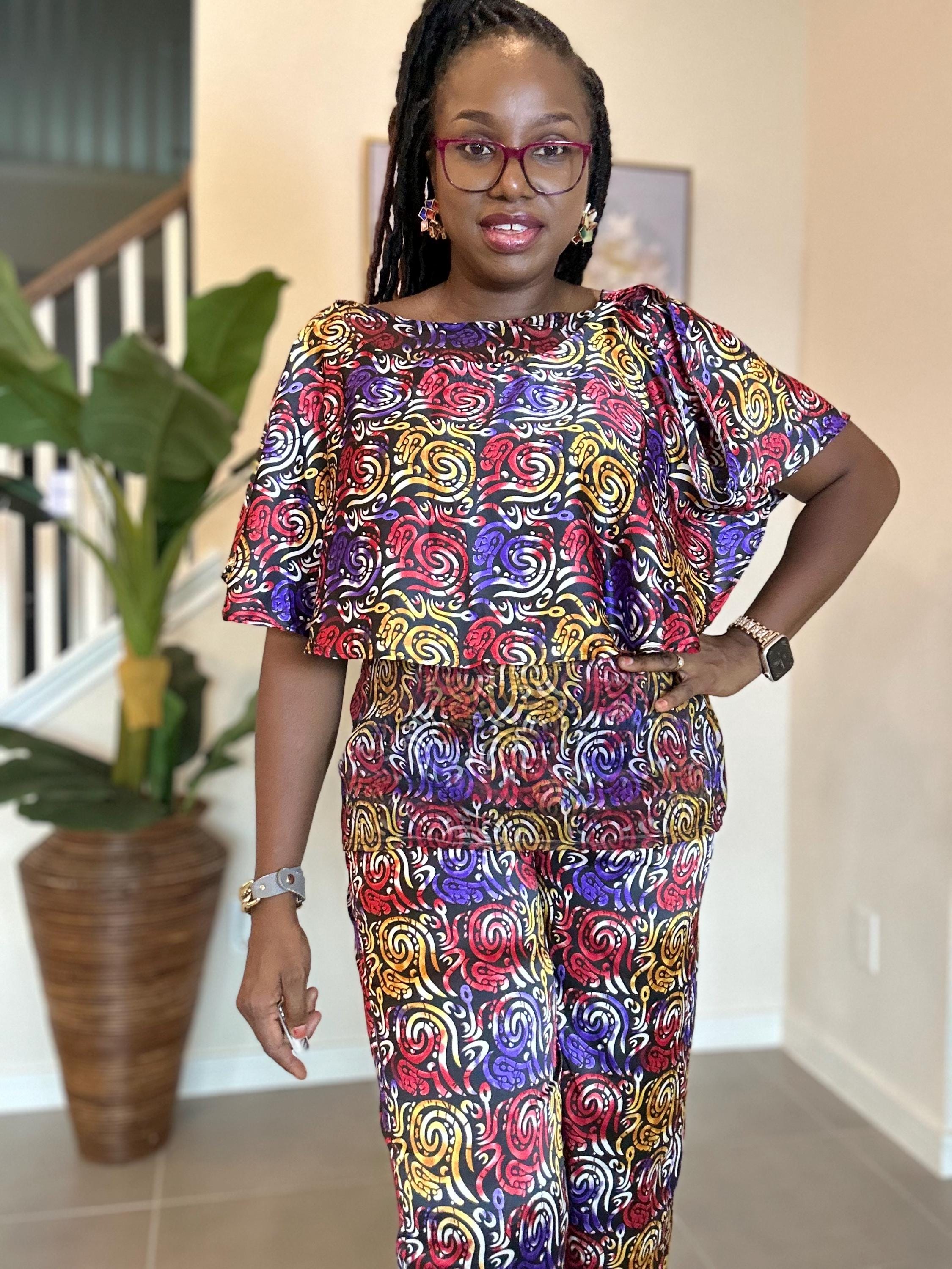 Handmade Adire Silk Two-Piece Set: Boho Chiffon Top and Pants