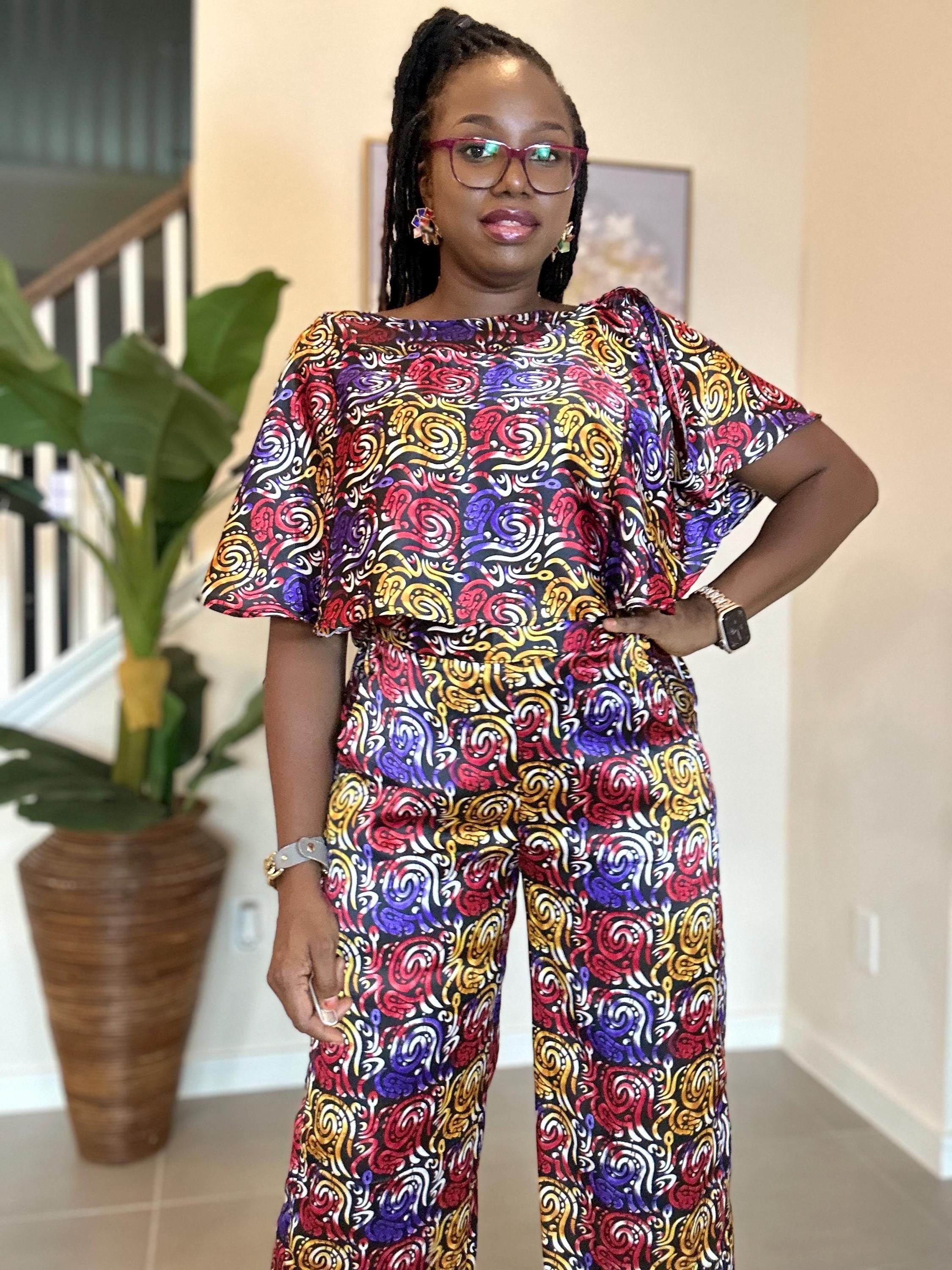 Handmade Adire Silk Two-Piece Set: Boho Chiffon Top and Pants