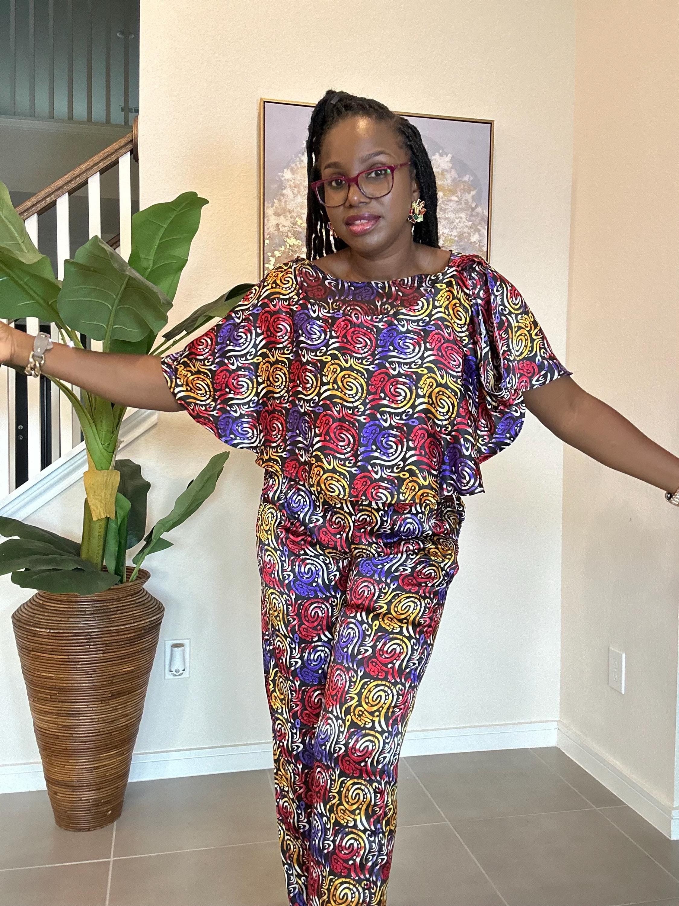 Handmade Adire Silk Two-Piece Set: Boho Chiffon Top and Pants