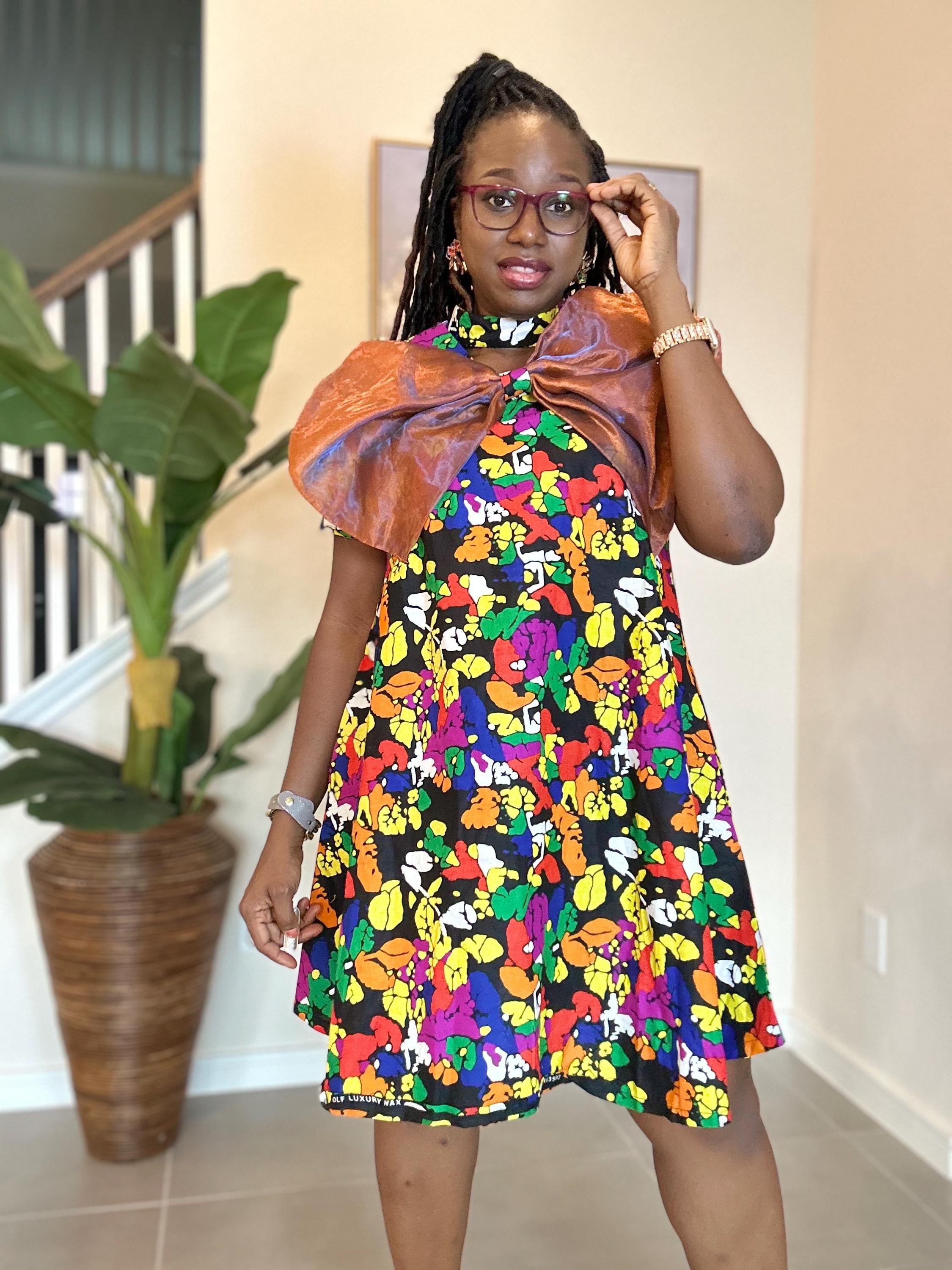 Handmade Ankara A-Line Dress: Copper Bow, African Print Outfit