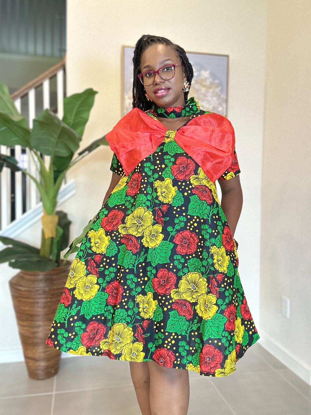 Handmade Ankara Short Dress: Red Bow, African Print Party Outfit