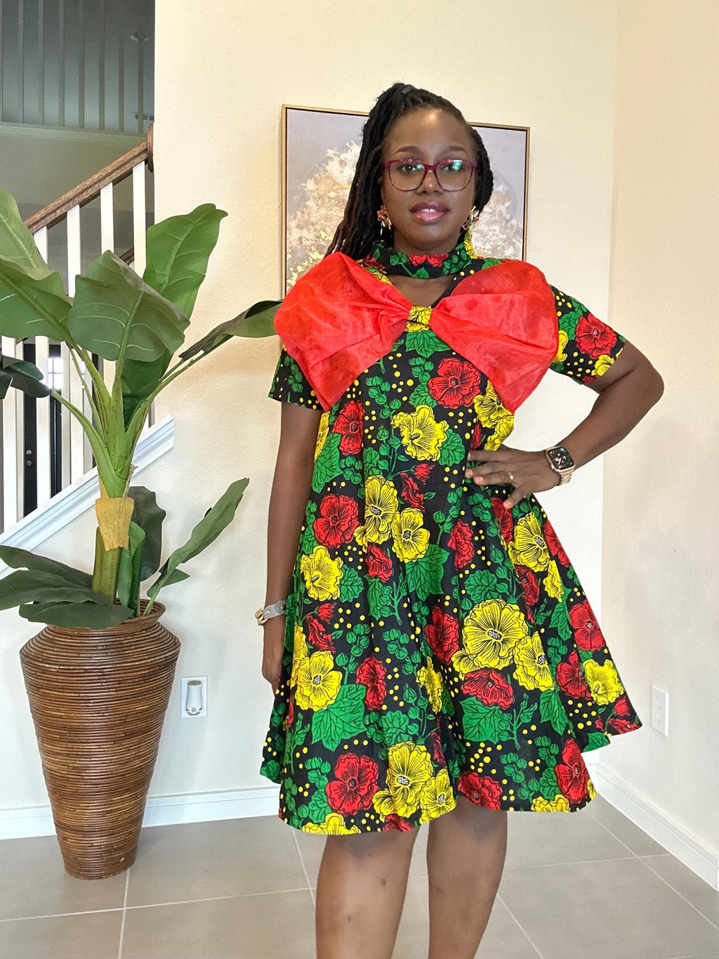 Handmade Ankara Short Dress: Red Bow, African Print Party Outfit
