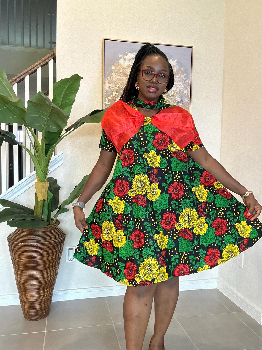 Handmade Ankara Short Dress: Red Bow, African Print Party Outfit