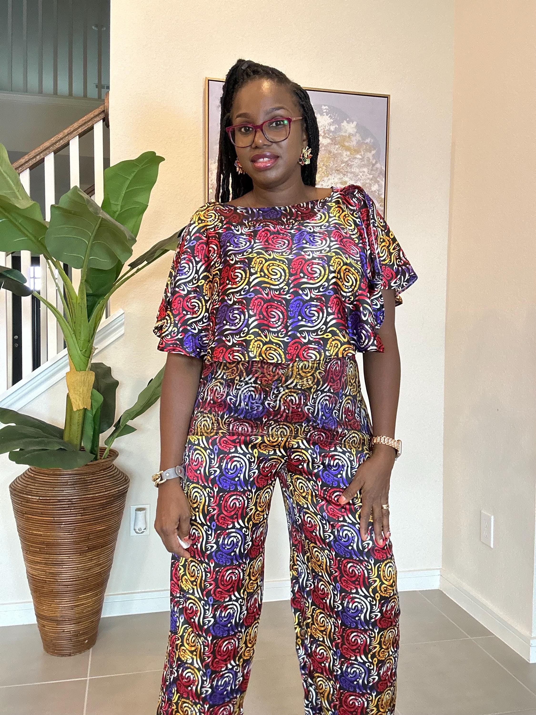 Handmade Adire Silk Two-Piece Set: Boho Chiffon Top and Pants