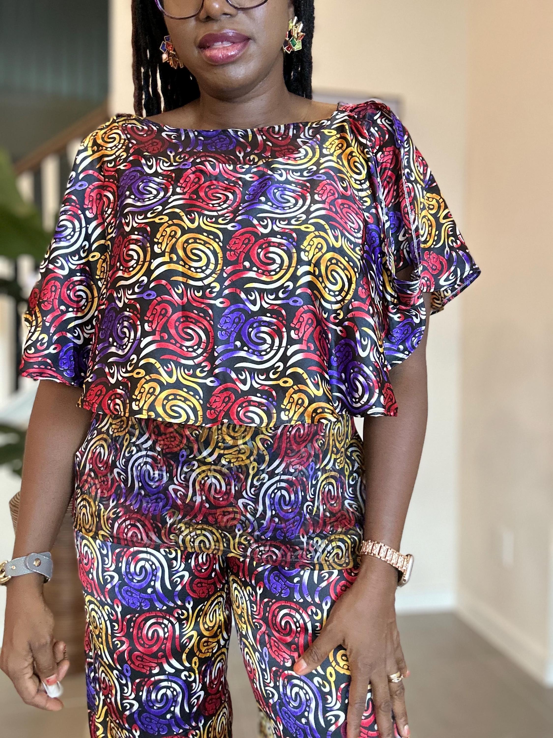 Handmade Adire Silk Two-Piece Set: Boho Chiffon Top and Pants