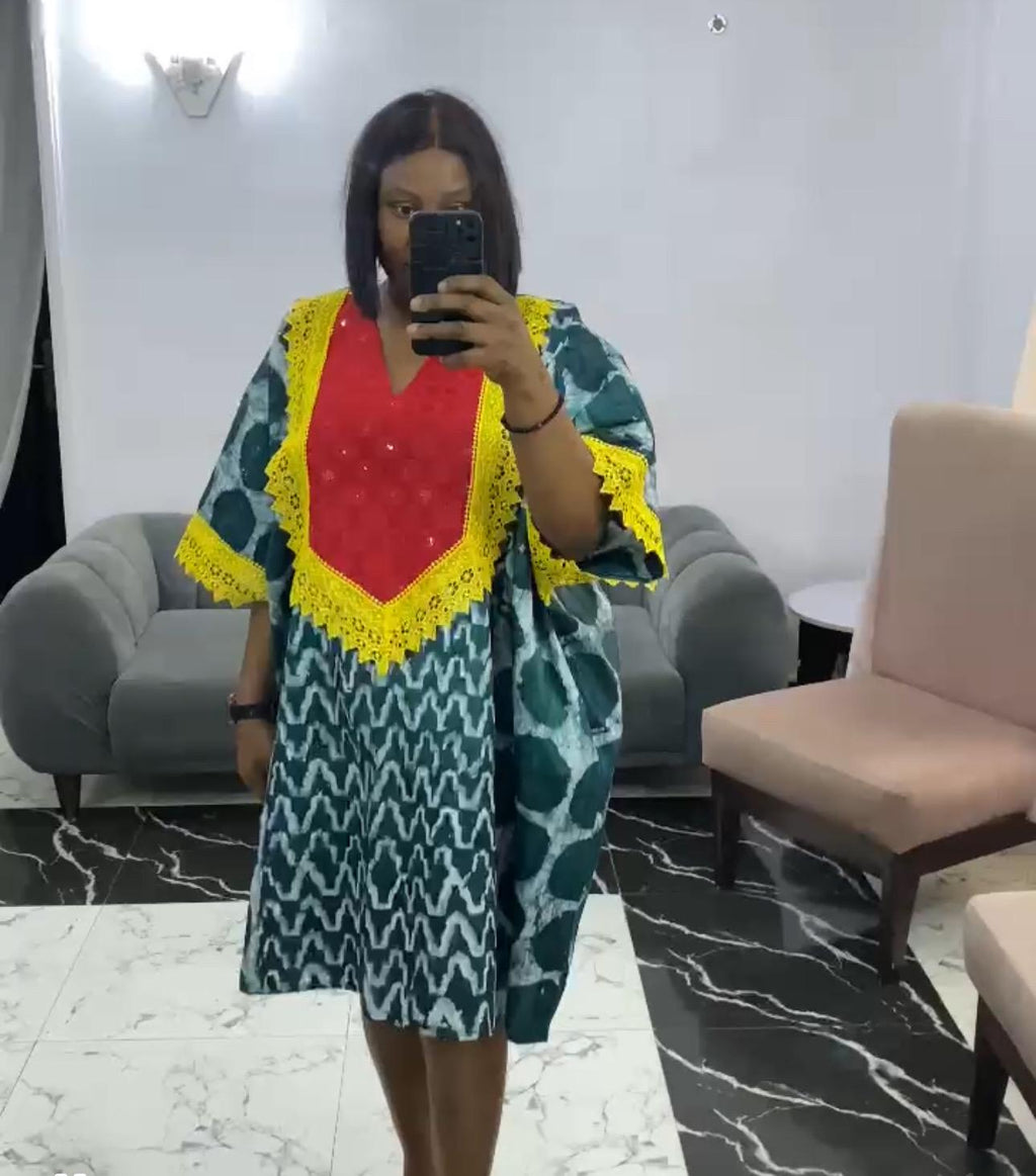 Batik Adire Short Kaftan Dress: African Print, Lace Trim, Boho Style