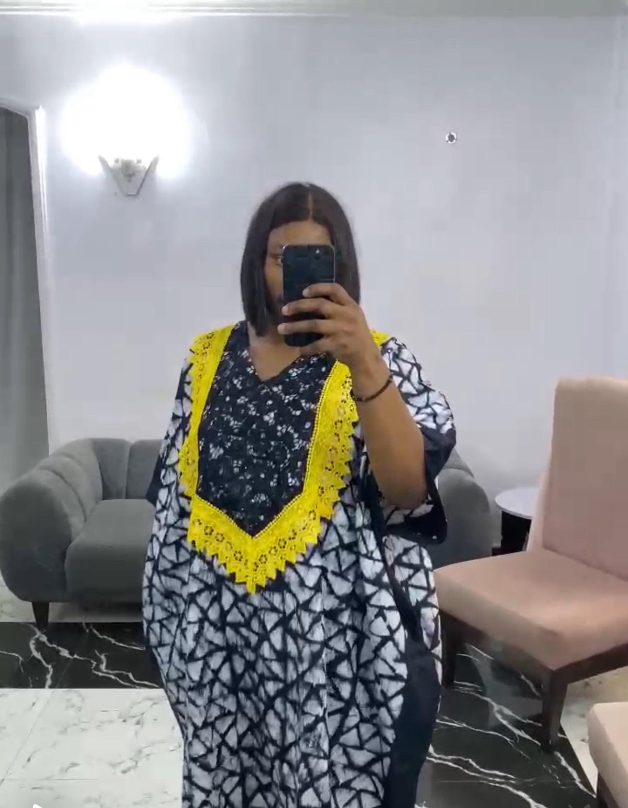 Batik Adire Short Kaftan Dress: African Print, Yellow Lace Trim