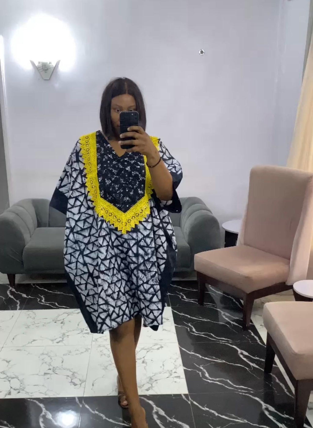 Batik Adire Short Kaftan Dress: African Print, Yellow Lace Trim