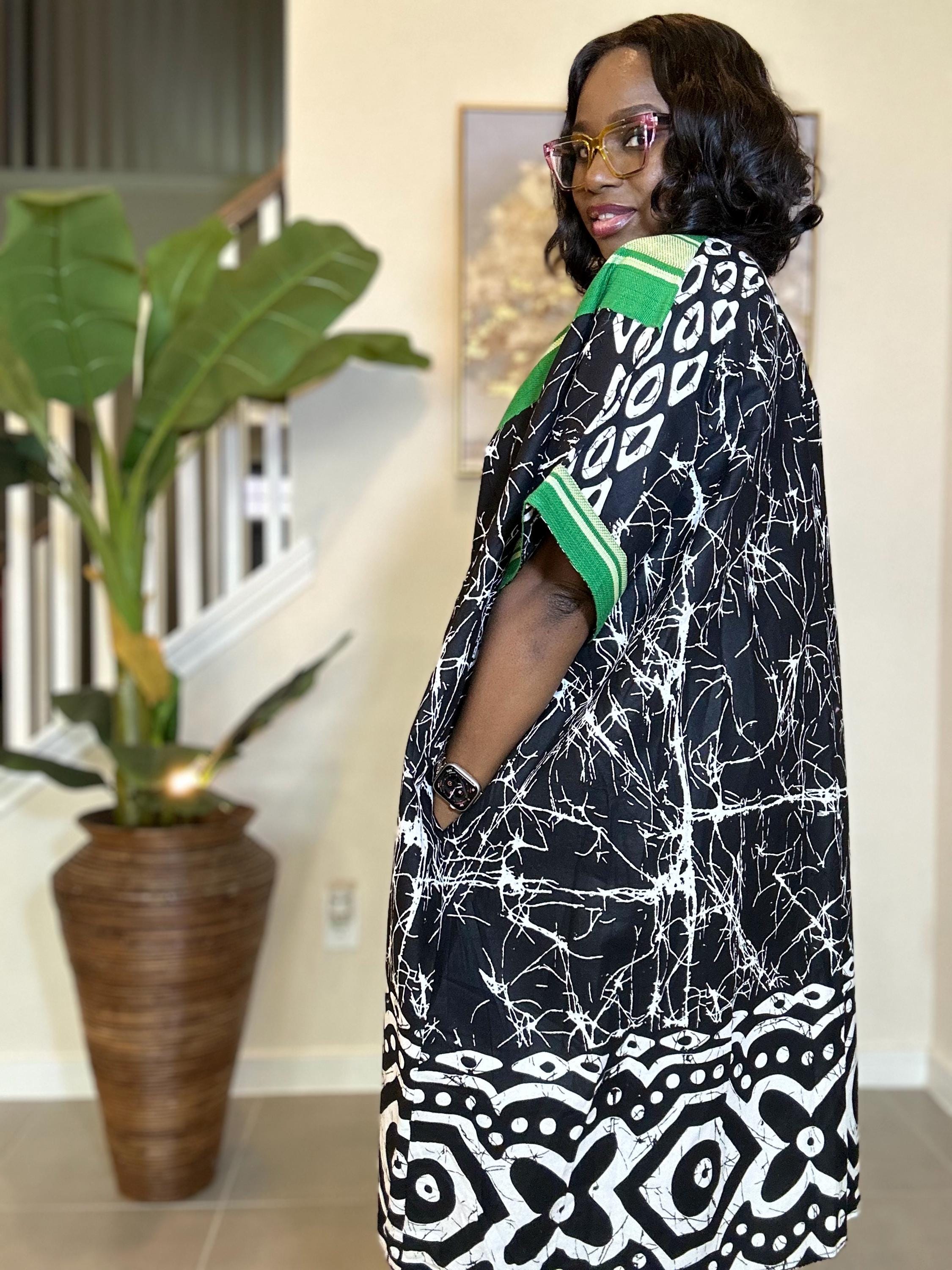 Handmade Adire Batik Midi Dress: Indigo & White Cotton, Aso Oke Detail