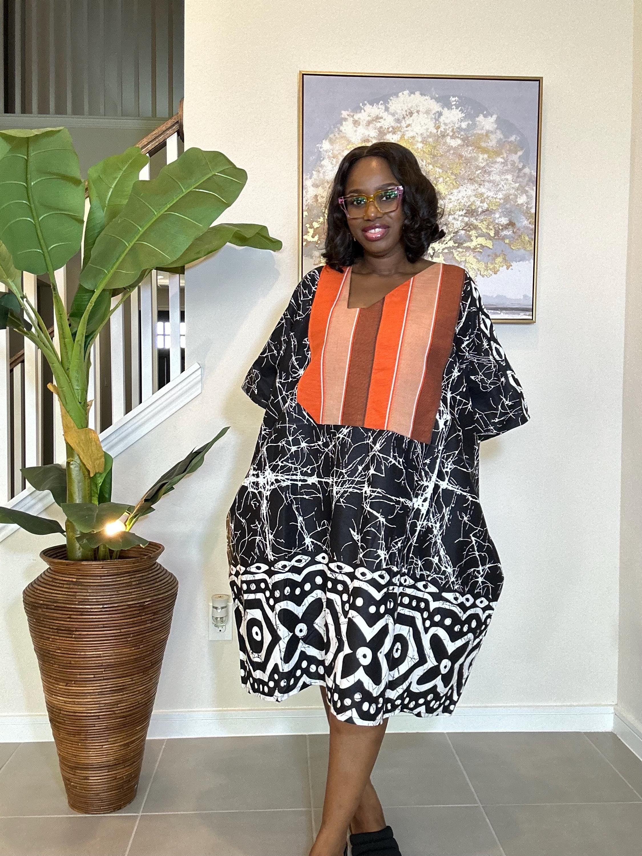 Handmade Adire Batik Midi Dress: Indigo & White Cotton, Aso Oke Detail