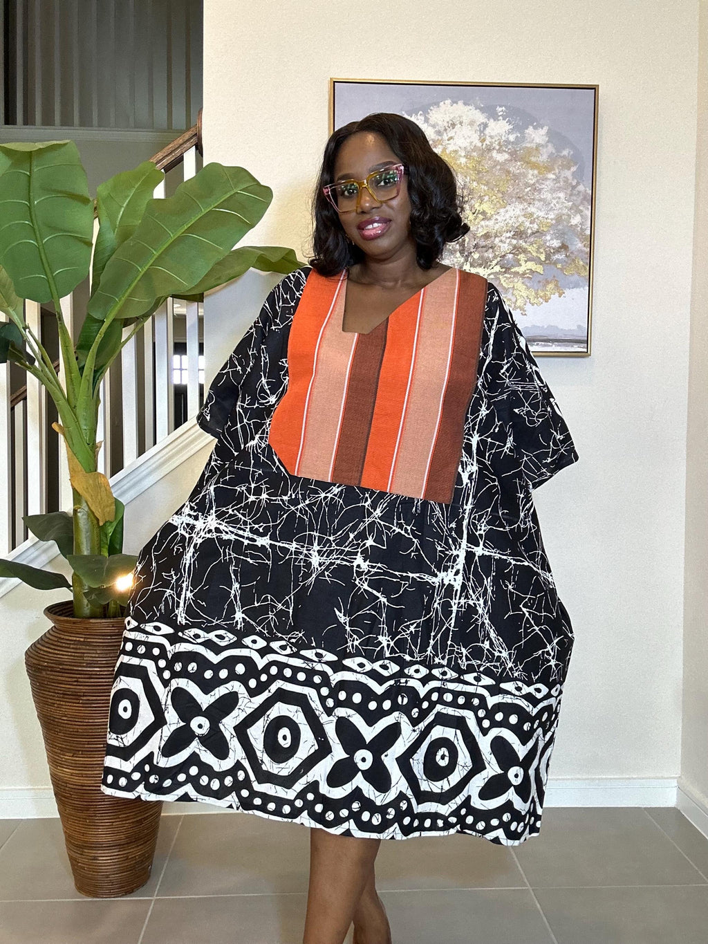 Handmade Adire Batik Midi Dress: Indigo & White Cotton, Aso Oke Detail