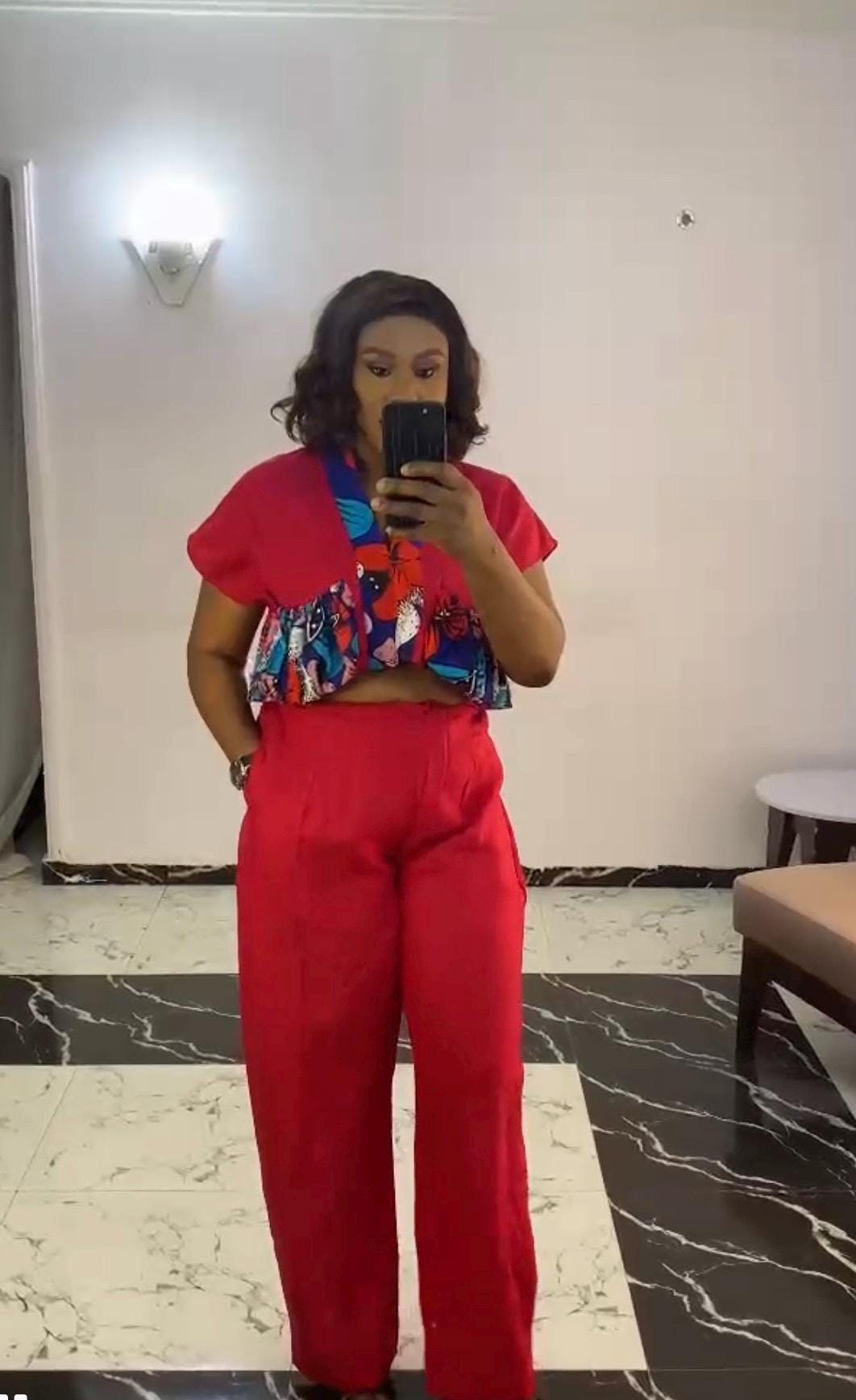 Red Linen Pants Set: African Print Crop Top, High Waist Wide Leg