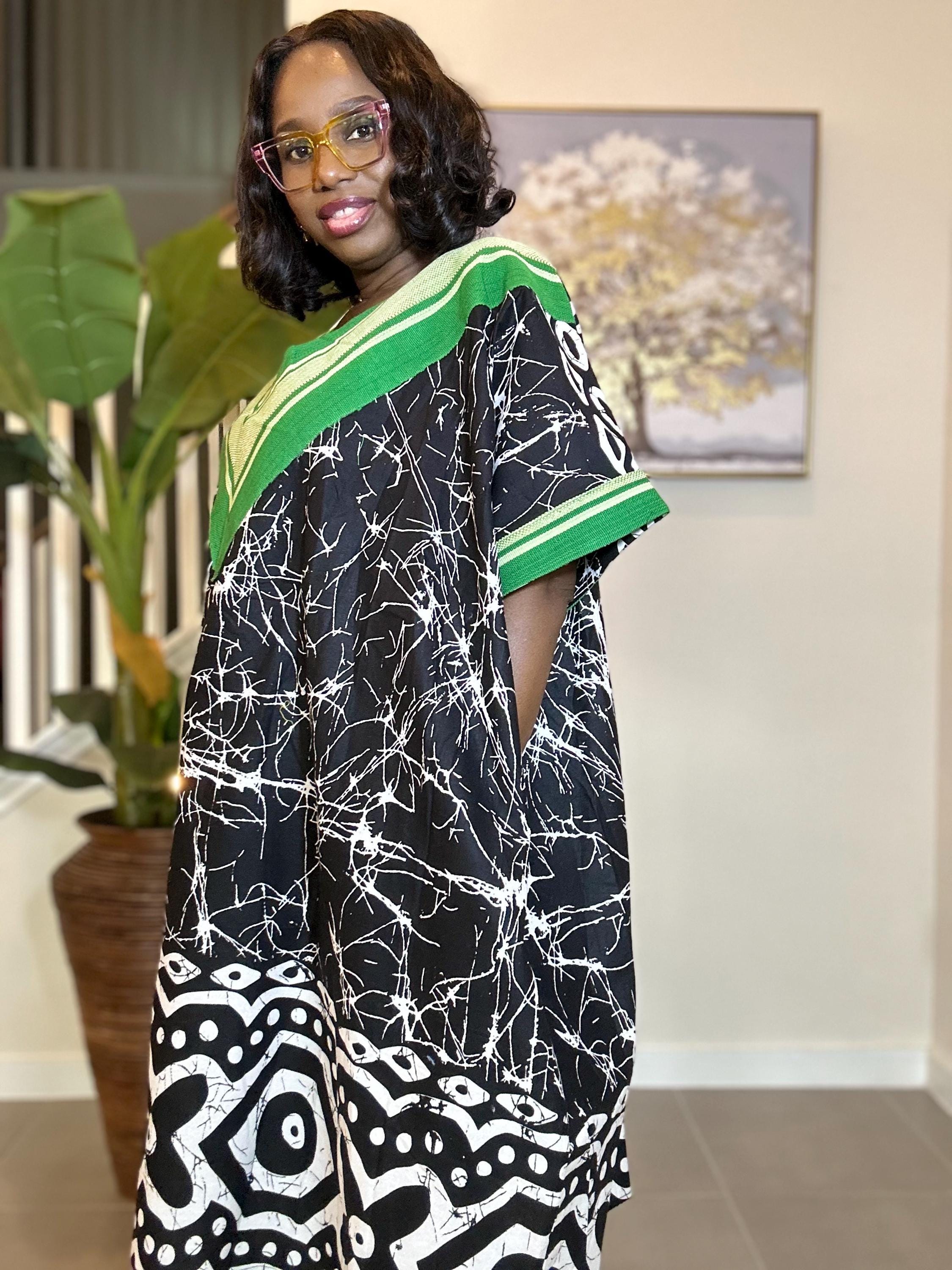 Handmade Adire Batik Midi Dress: Indigo & White Cotton, Aso Oke Detail