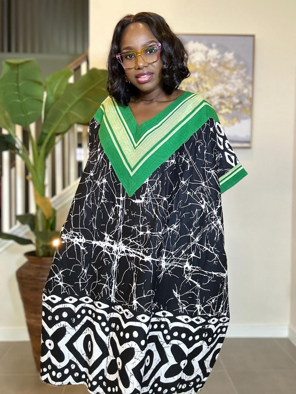 Handmade Adire Batik Midi Dress: Indigo & White Cotton, Aso Oke Detail