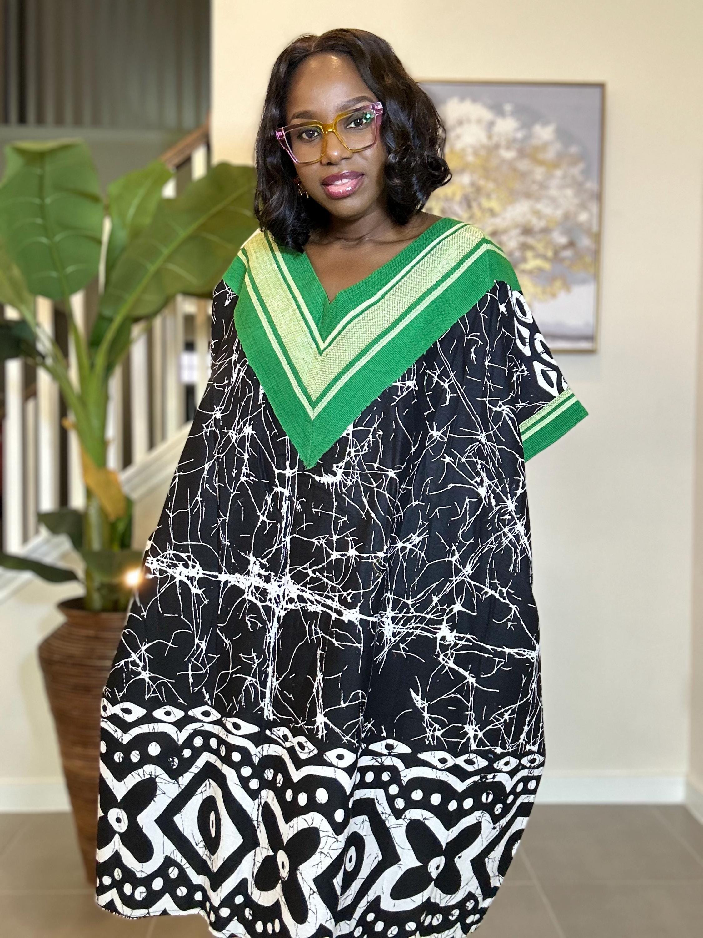 Handmade Adire Batik Midi Dress: Indigo & White Cotton, Aso Oke Detail