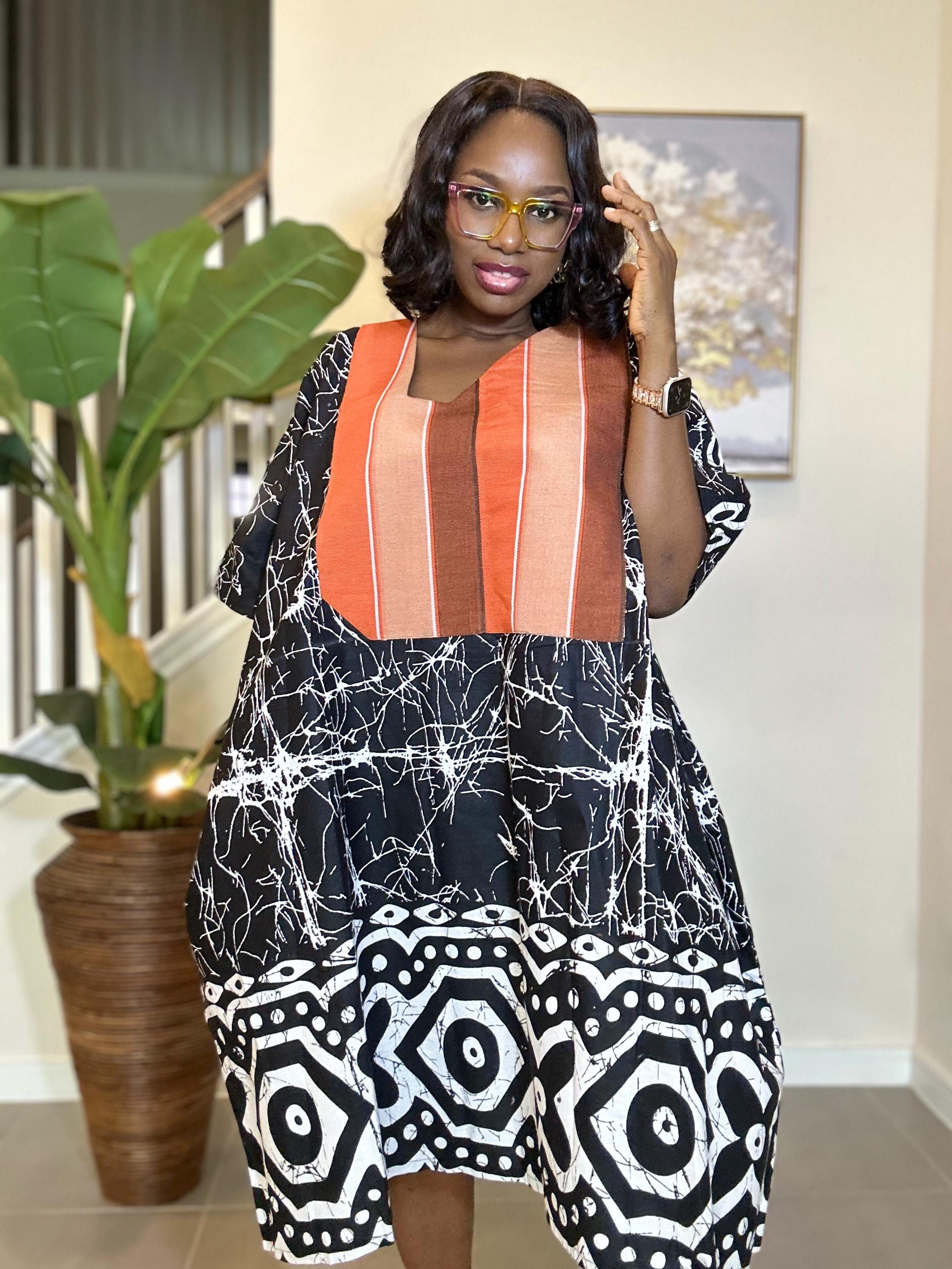 Handmade Adire Batik Midi Dress: Indigo & White Cotton, Aso Oke Detail