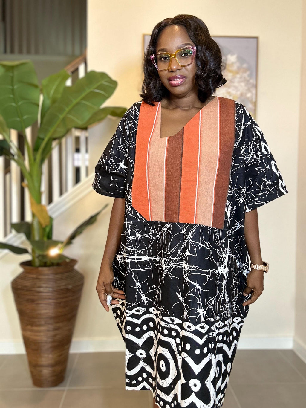 Handmade Adire Batik Midi Dress: Indigo & White Cotton, Aso Oke Detail