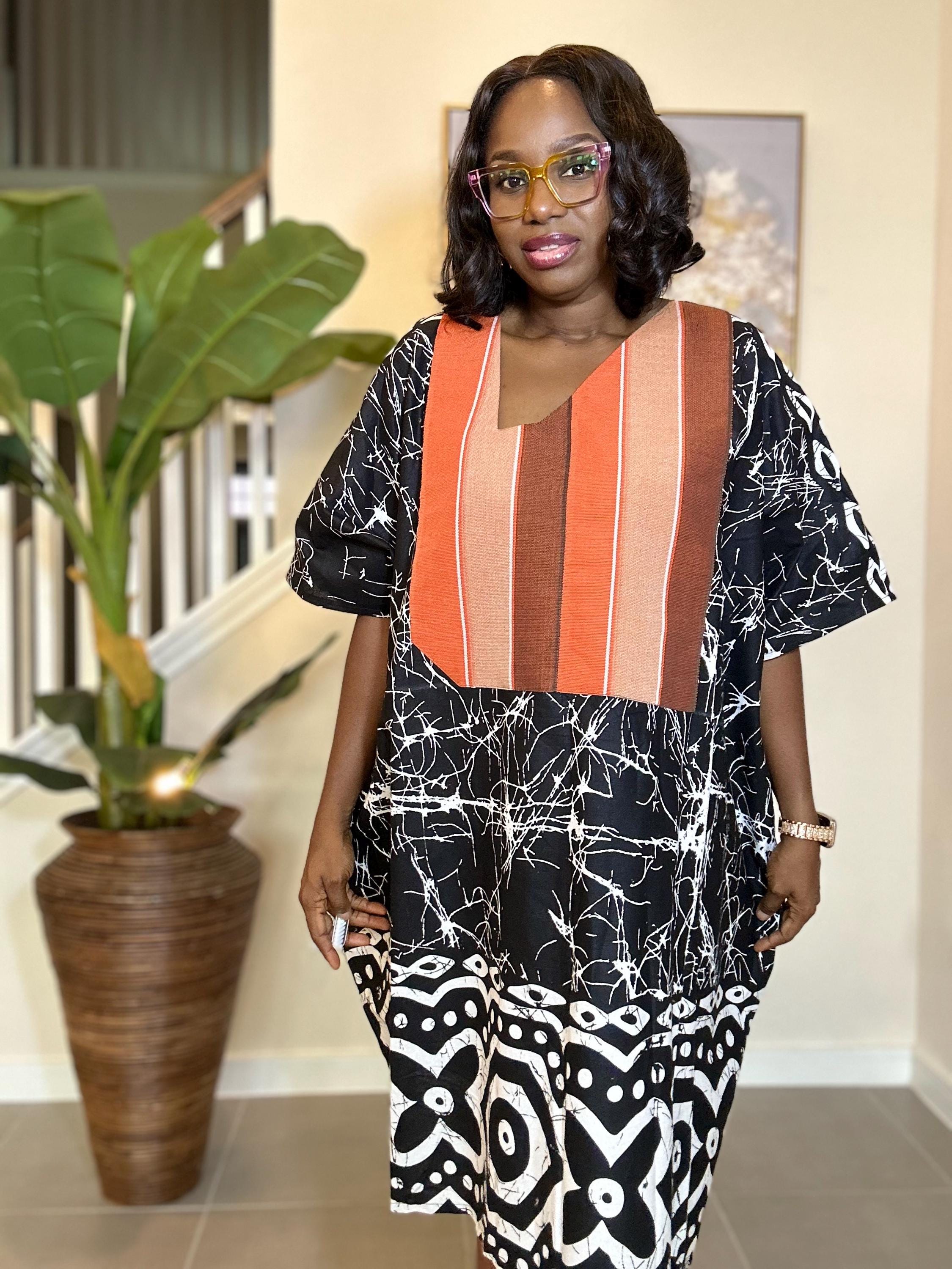 Handmade Adire Batik Midi Dress: Indigo & White Cotton, Aso Oke Detail