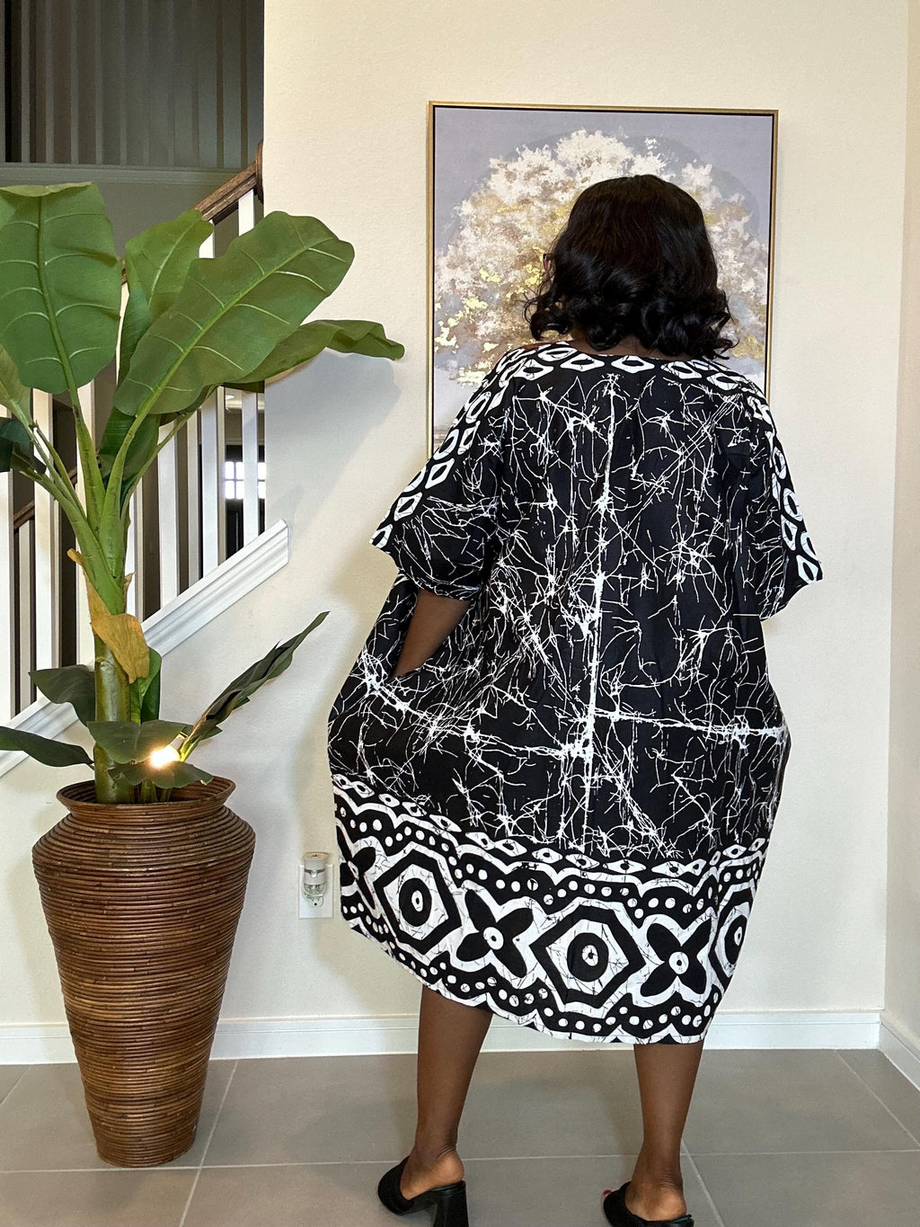Handmade Adire Batik Midi Dress: Indigo & White Cotton, Aso Oke Detail