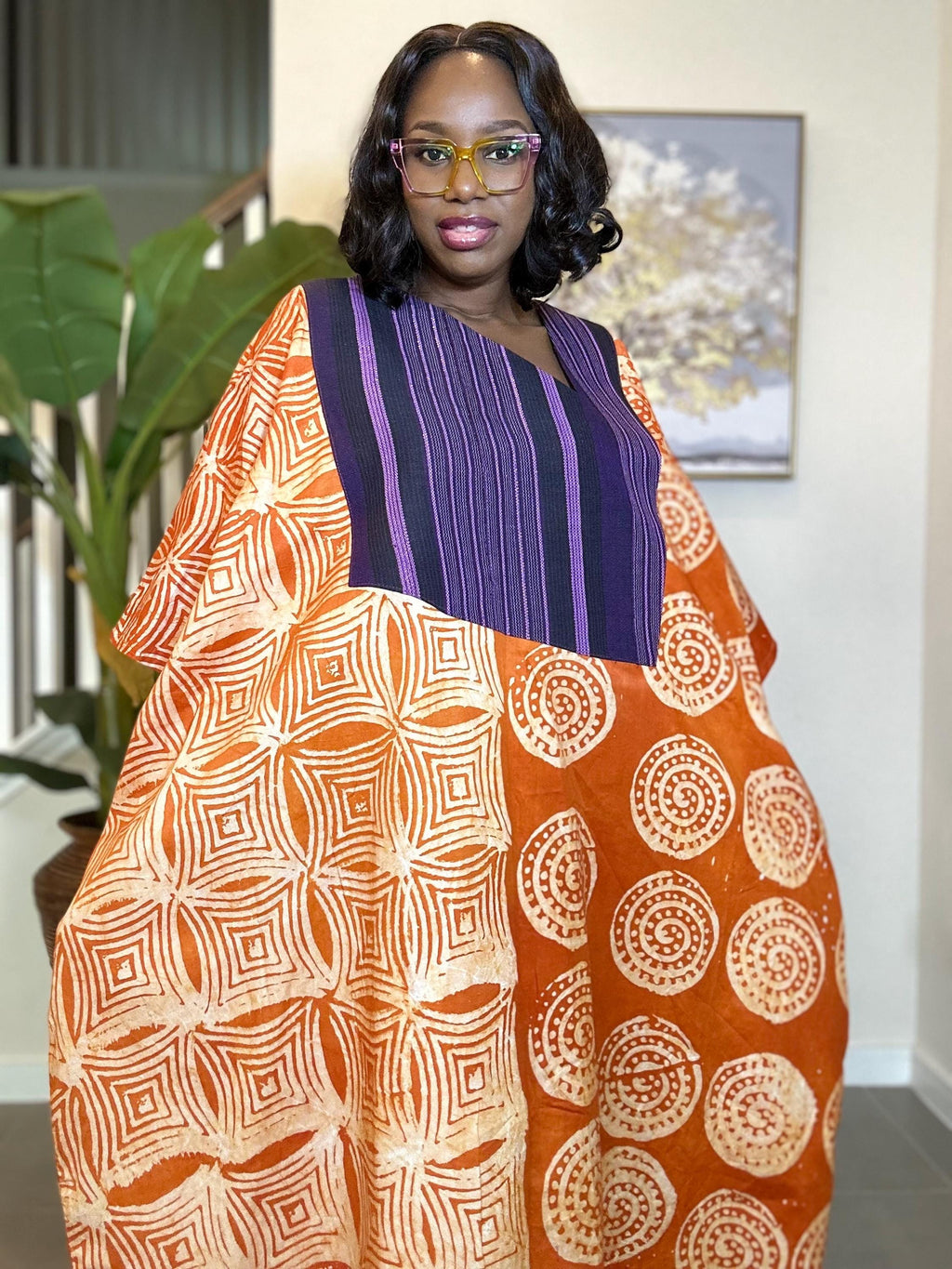 Handmade Adire Batik Midi Dress with Aso Oke - Orange African Print