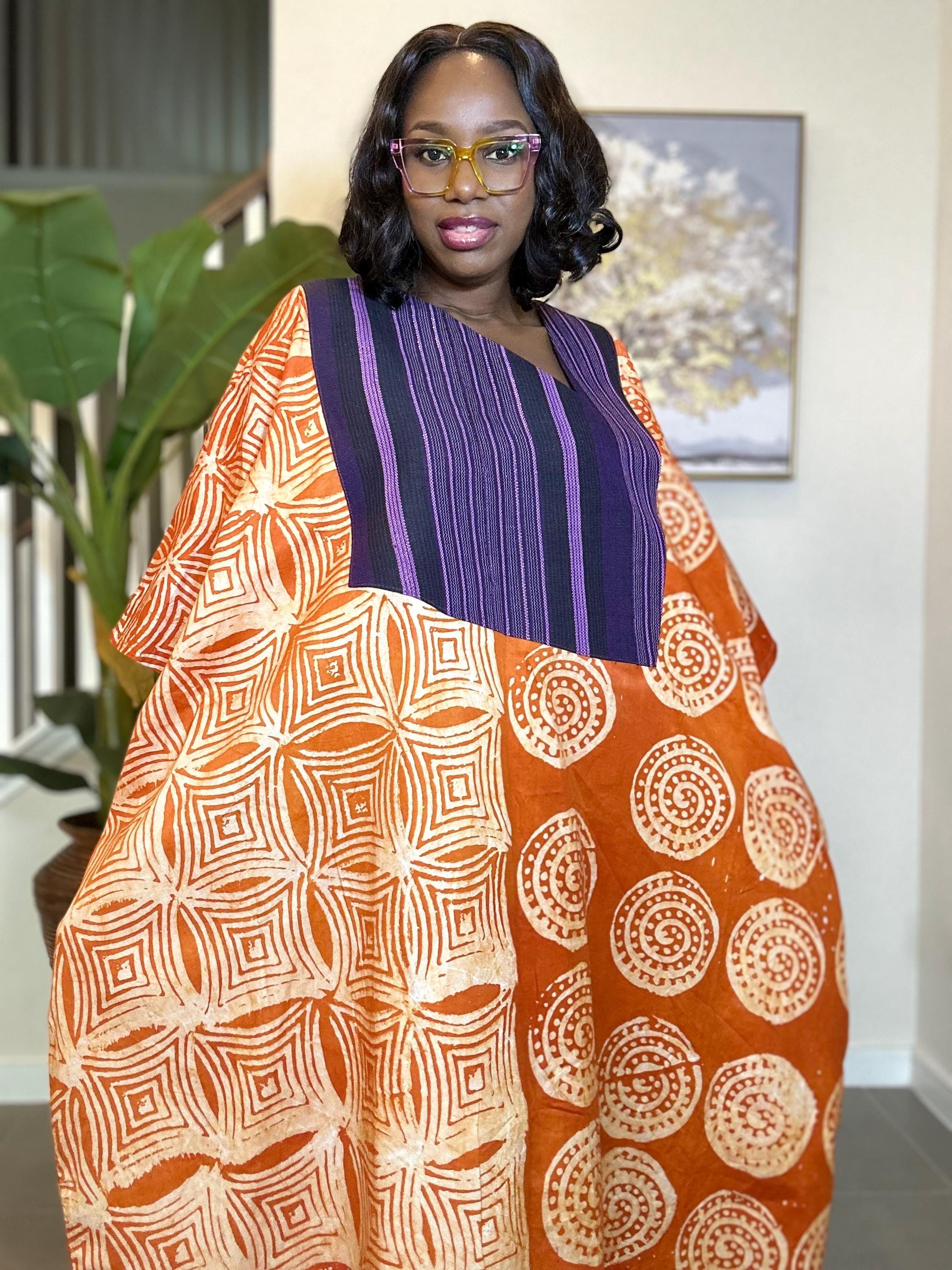 Handmade Adire Batik Midi Dress with Aso Oke - Orange African Print