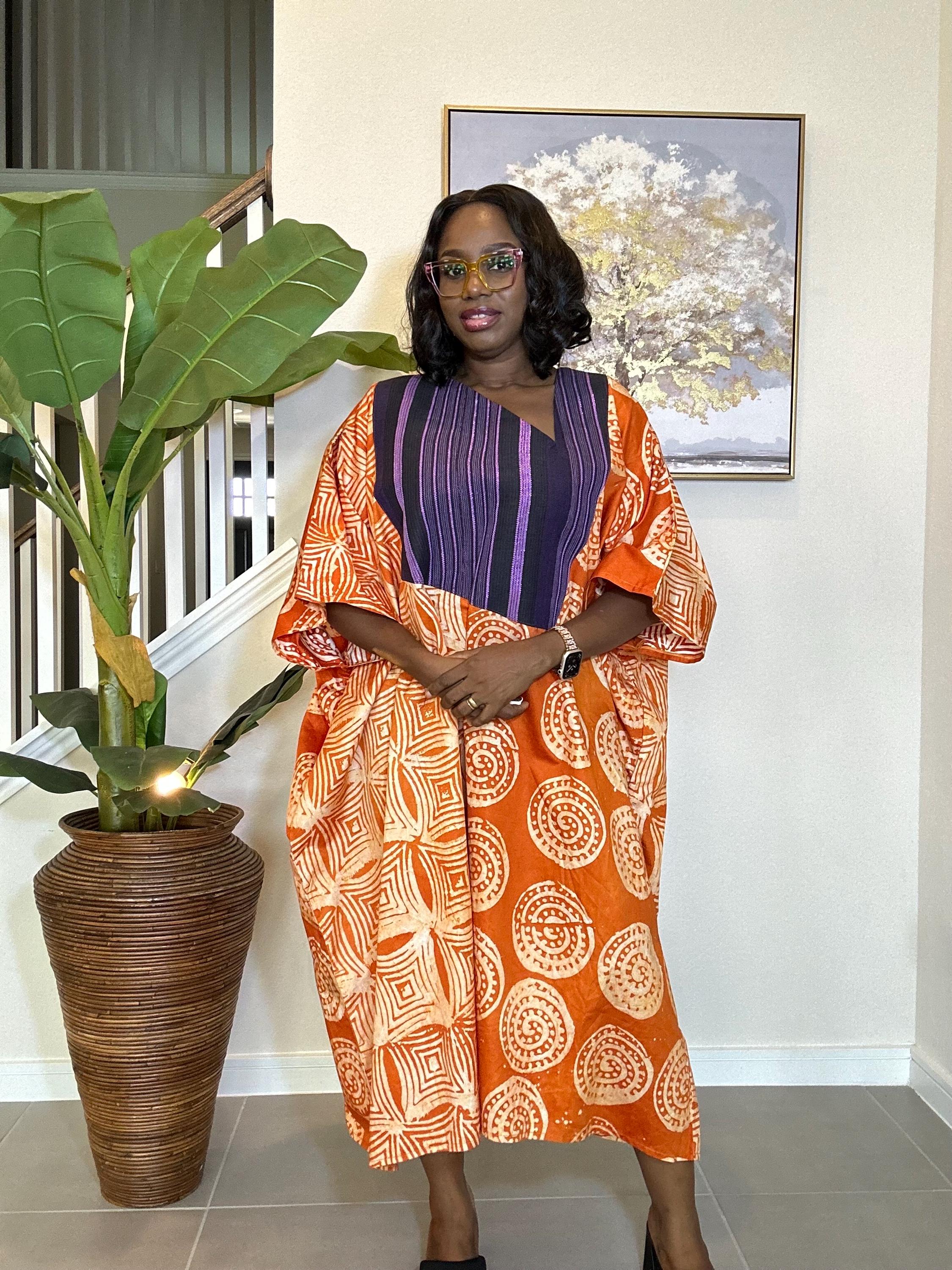 Handmade Adire Batik Midi Dress with Aso Oke - Orange African Print