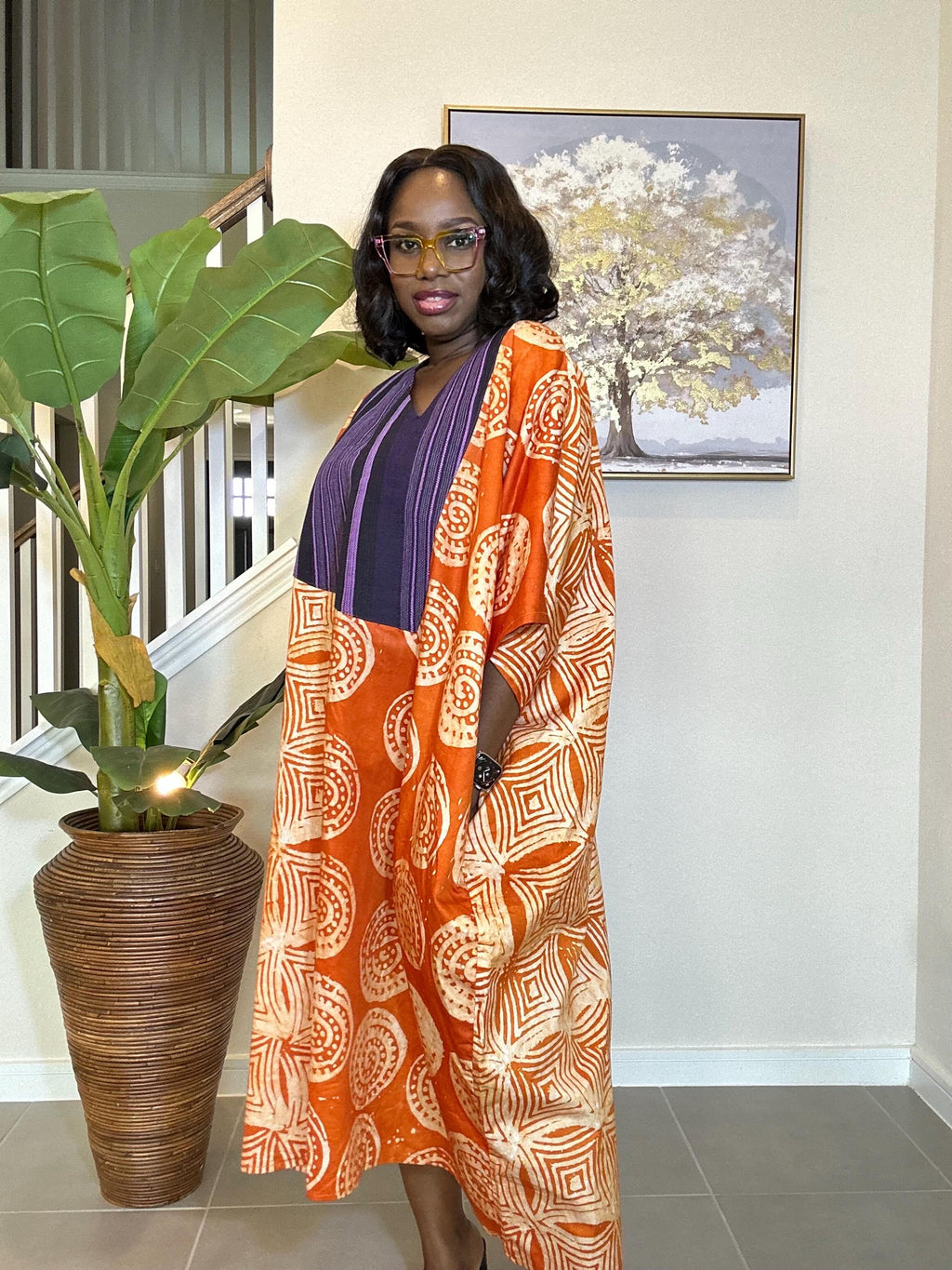 Handmade Adire Batik Midi Dress with Aso Oke - Orange African Print