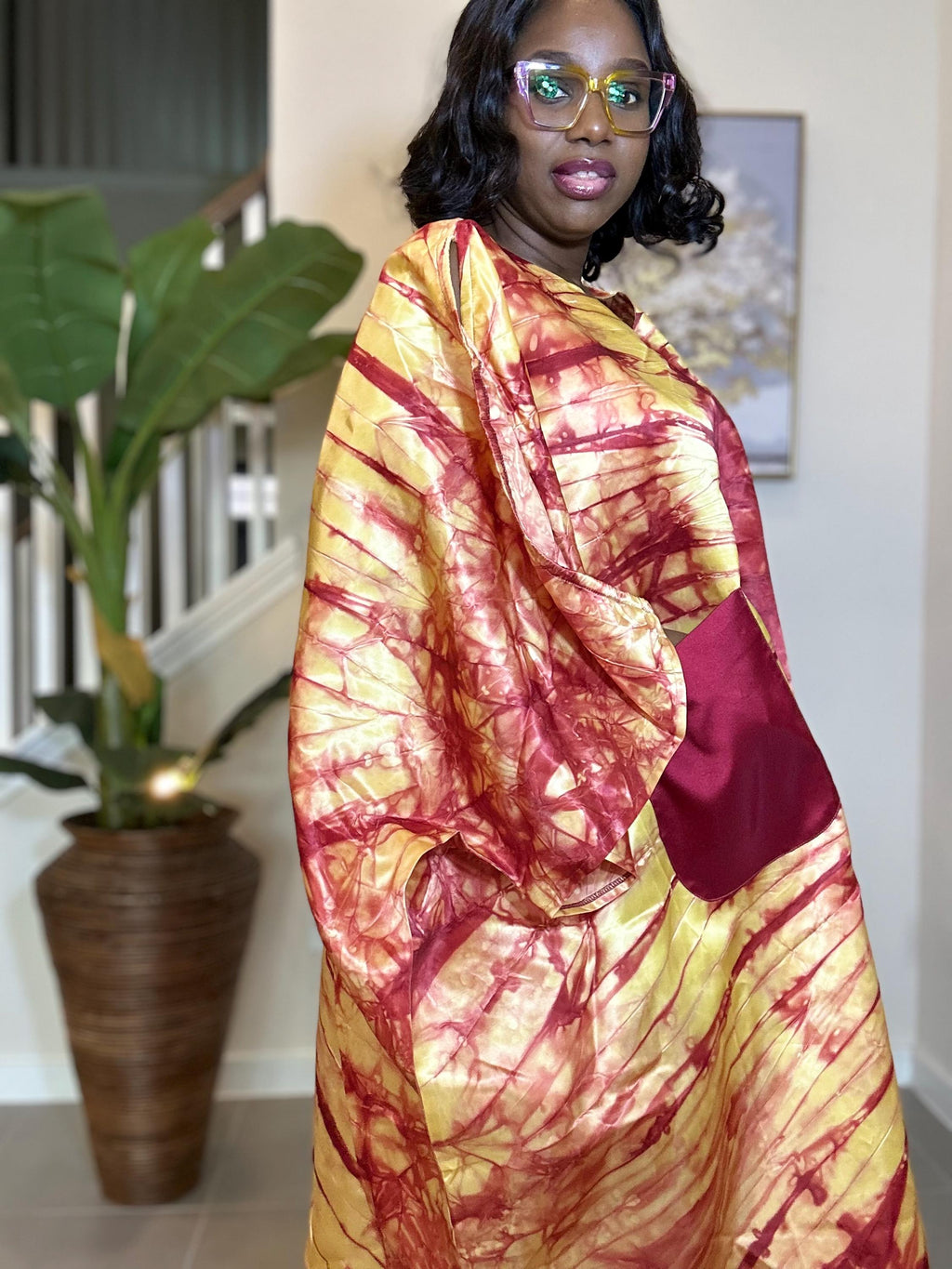 Handmade Adire Silk Kaftan Dress: Nigerian Tie-Dye Maxi with Pockets