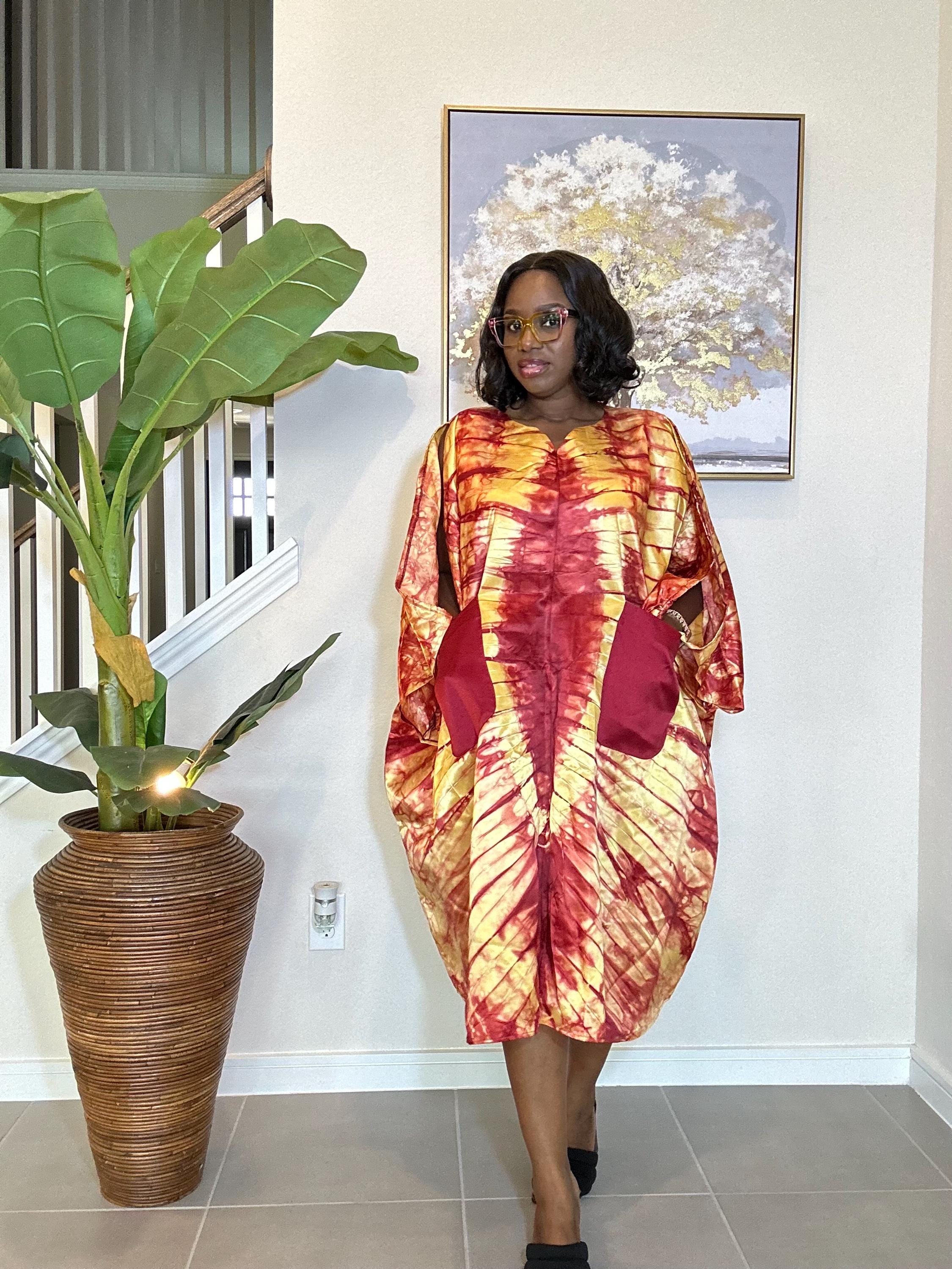 Handmade Adire Silk Kaftan Dress: Nigerian Tie-Dye Maxi with Pockets