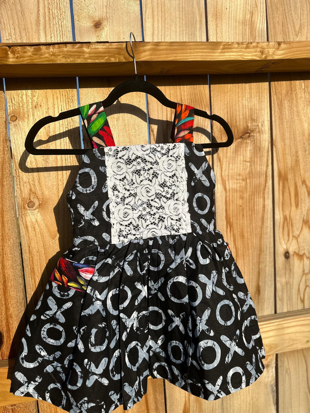 Handmade Ankara Kids Dress: Black & White XOXO Print, Lace Detail