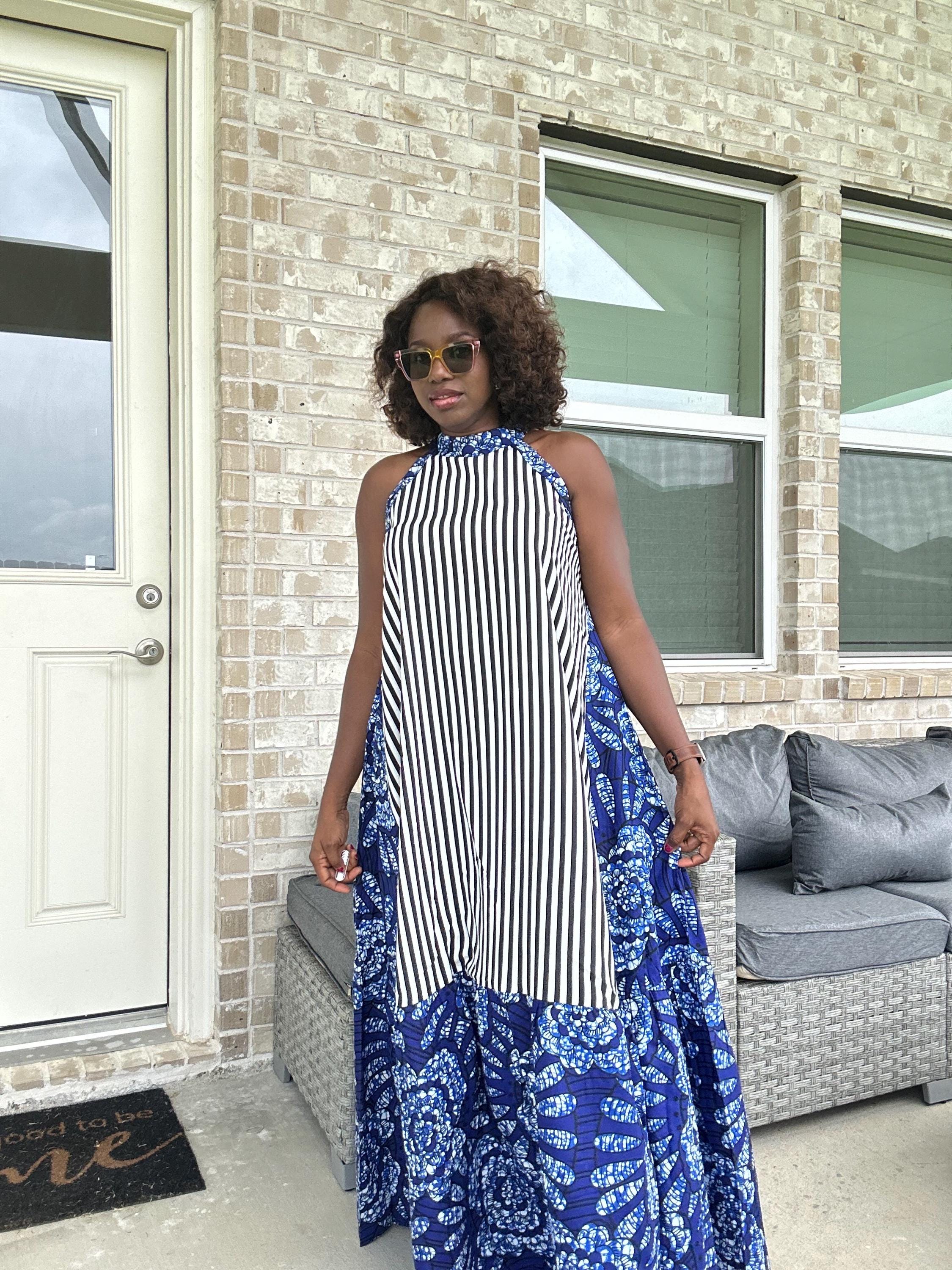Ankara Maxi Dress, Striped Cotton, Afrocentric Wedding Attire